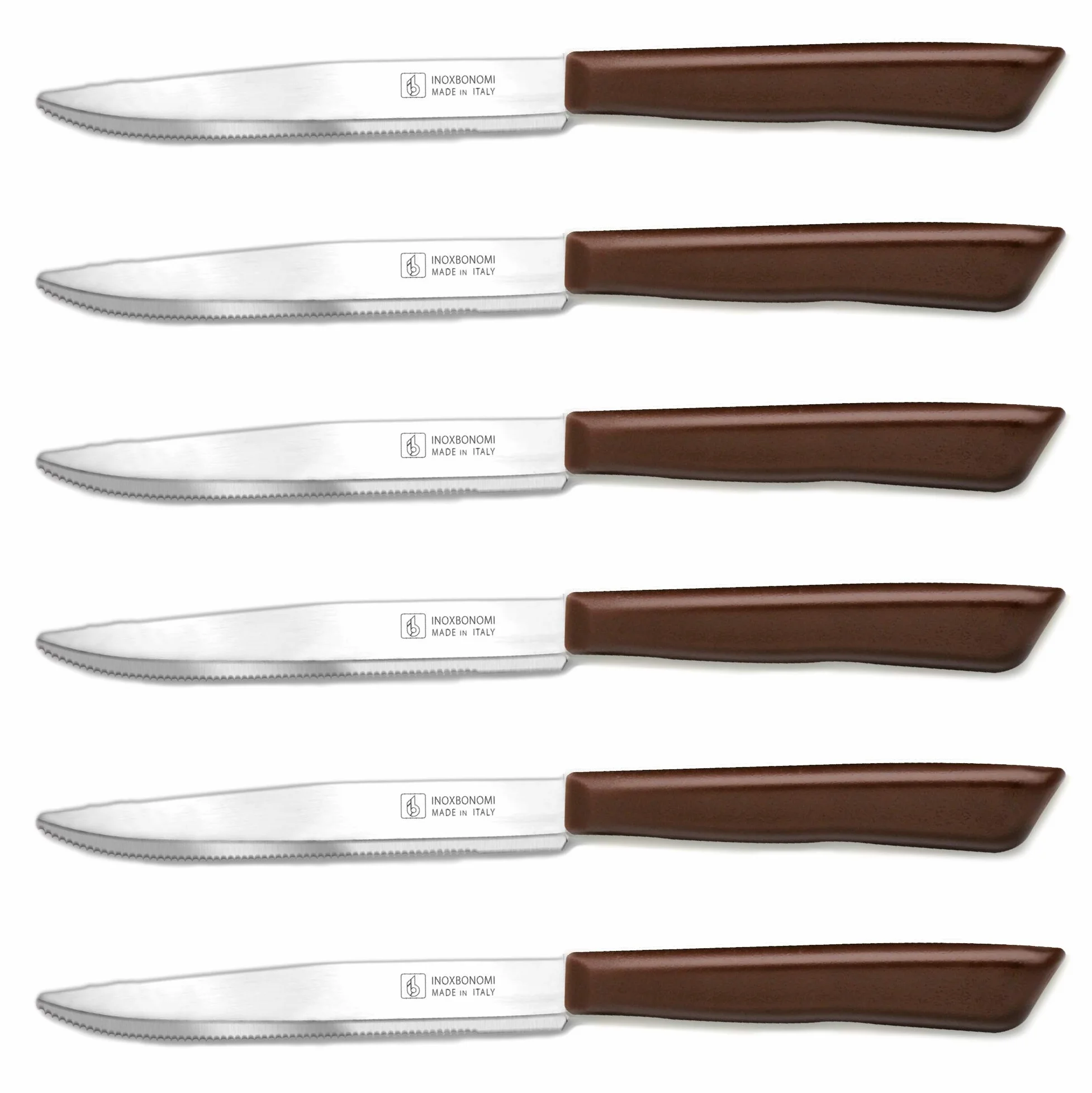 INOXBONOMI Zestaw 6 włoskich noży kuchennych do steków (11 cm, bardzo ostry ząbkowany, nóż stołowy, ergonomiczny uchwyt, nadaje się do mycia w zmywarce) - brązowy