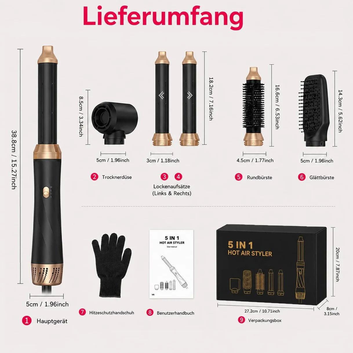 5 w 1 Hairstyler Air Styler Set 1000 W okrągła suszarka do włosów, szczotka z ciepłym powietrzem, wielofunkcyjna lokówka do włosów, prostowanie, suszenie ujemne, powolne suszenie