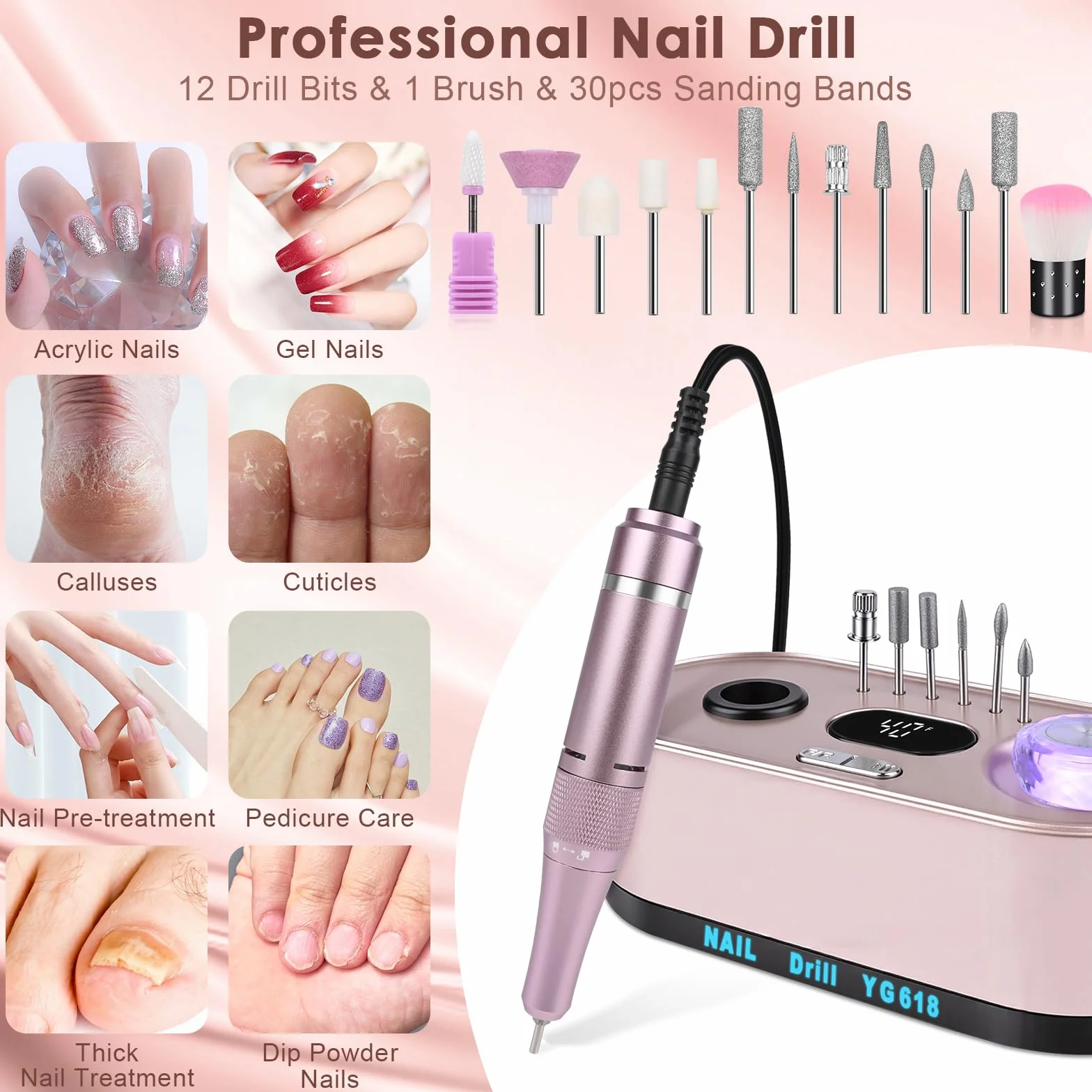 Elektryczny pilnik do paznokci, frezarka do paznokci żelowych 12 w 1, profesjonalna frezarka do paznokci, 40 000 obr./min, zestaw do manicure i pedicure z wyświetlaczem LCD, do użytku domowego