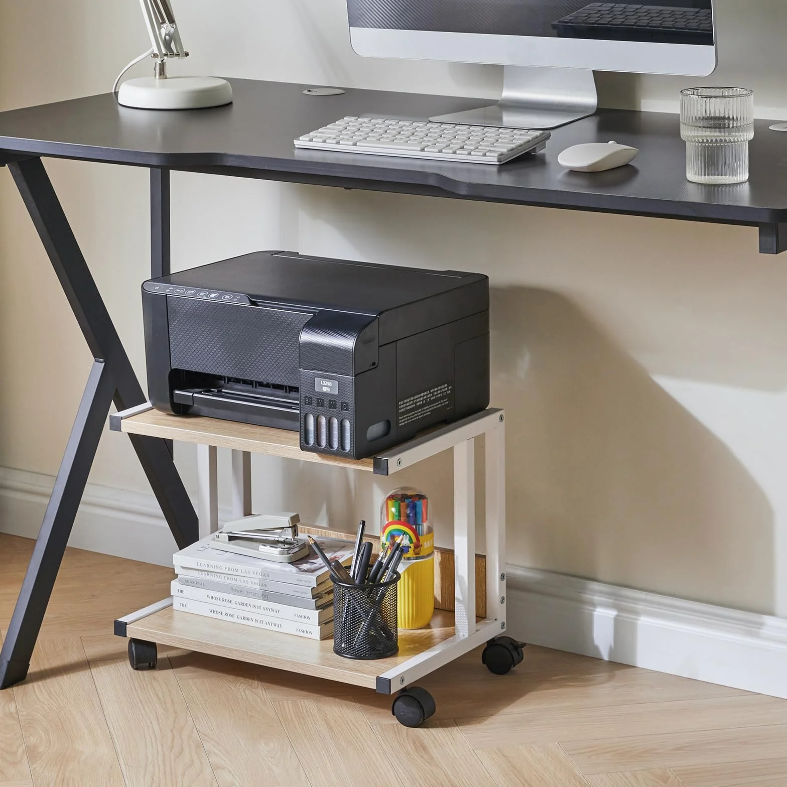 IBUYKE TLJ007R 2-poziomowy stojak na drukarkę z 4 kółkami mobilny organizer