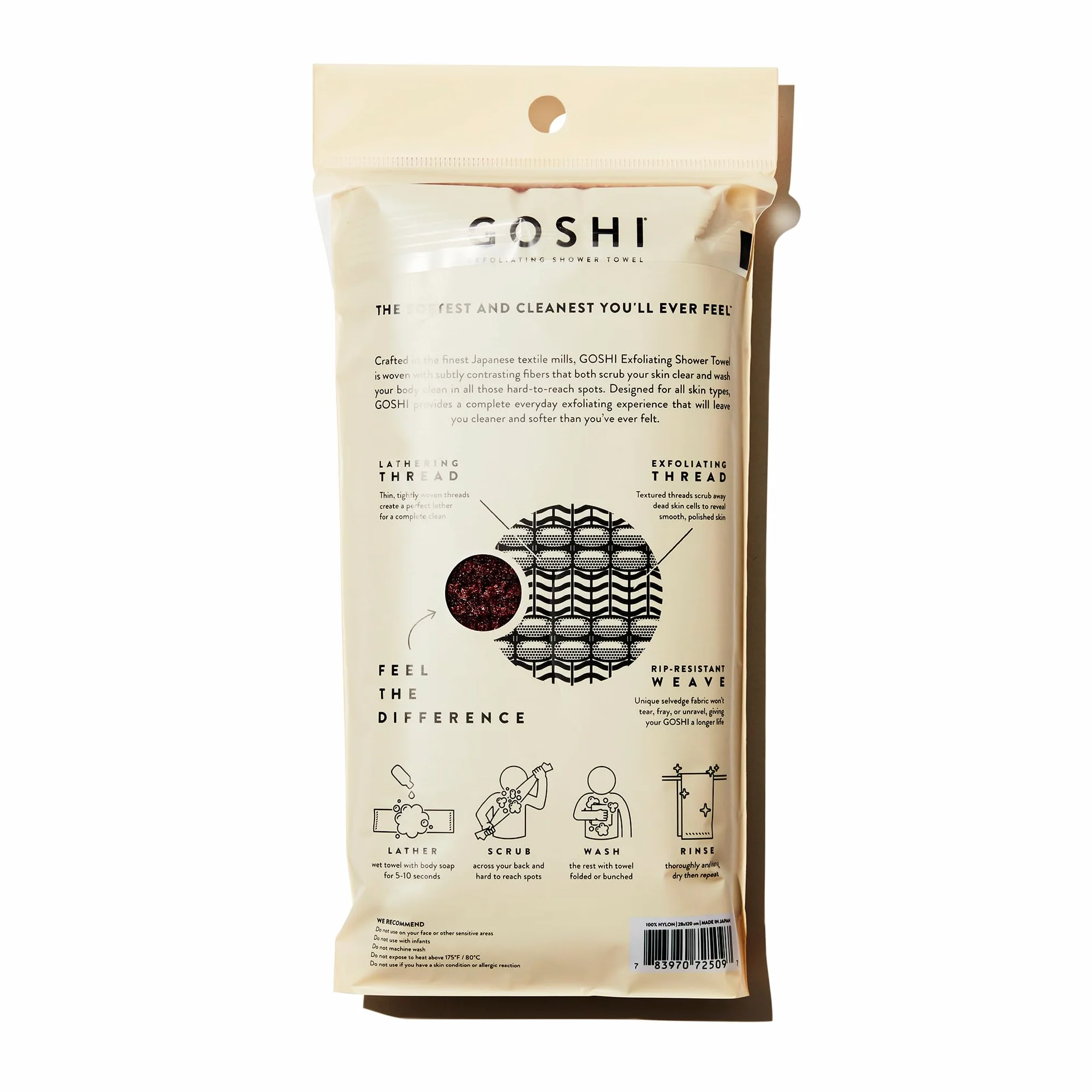 GOSHI Złuszczający ręcznik prysznicowy - odporna na rozdarcie złuszczająca myjka do wszystkich rodzajów skóry - ceglana czerwień - wyprodukowano w Japonii