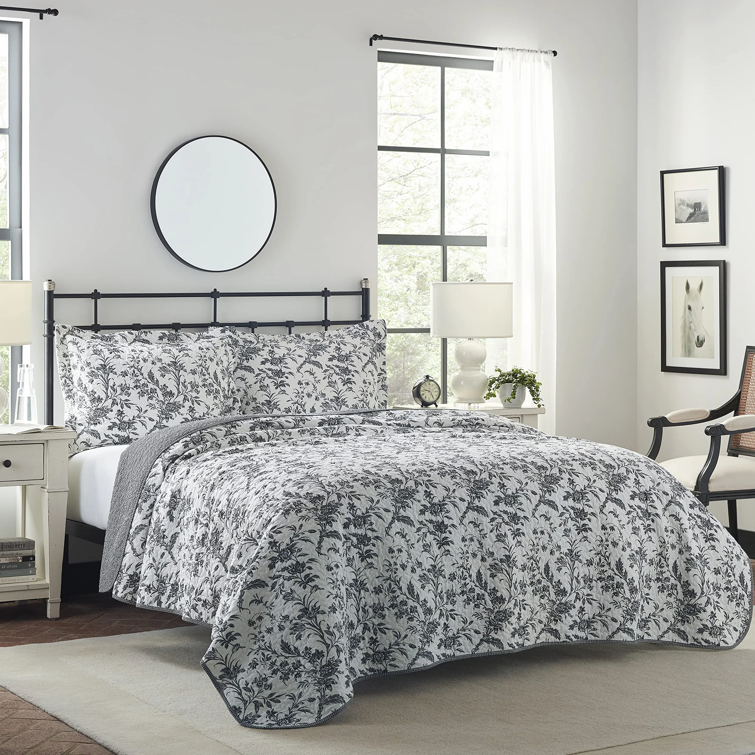Laura Ashley Bawełniana dwustronna pościel z poszewkami, kwiatowa, Amberley czarny/biały, podwójna