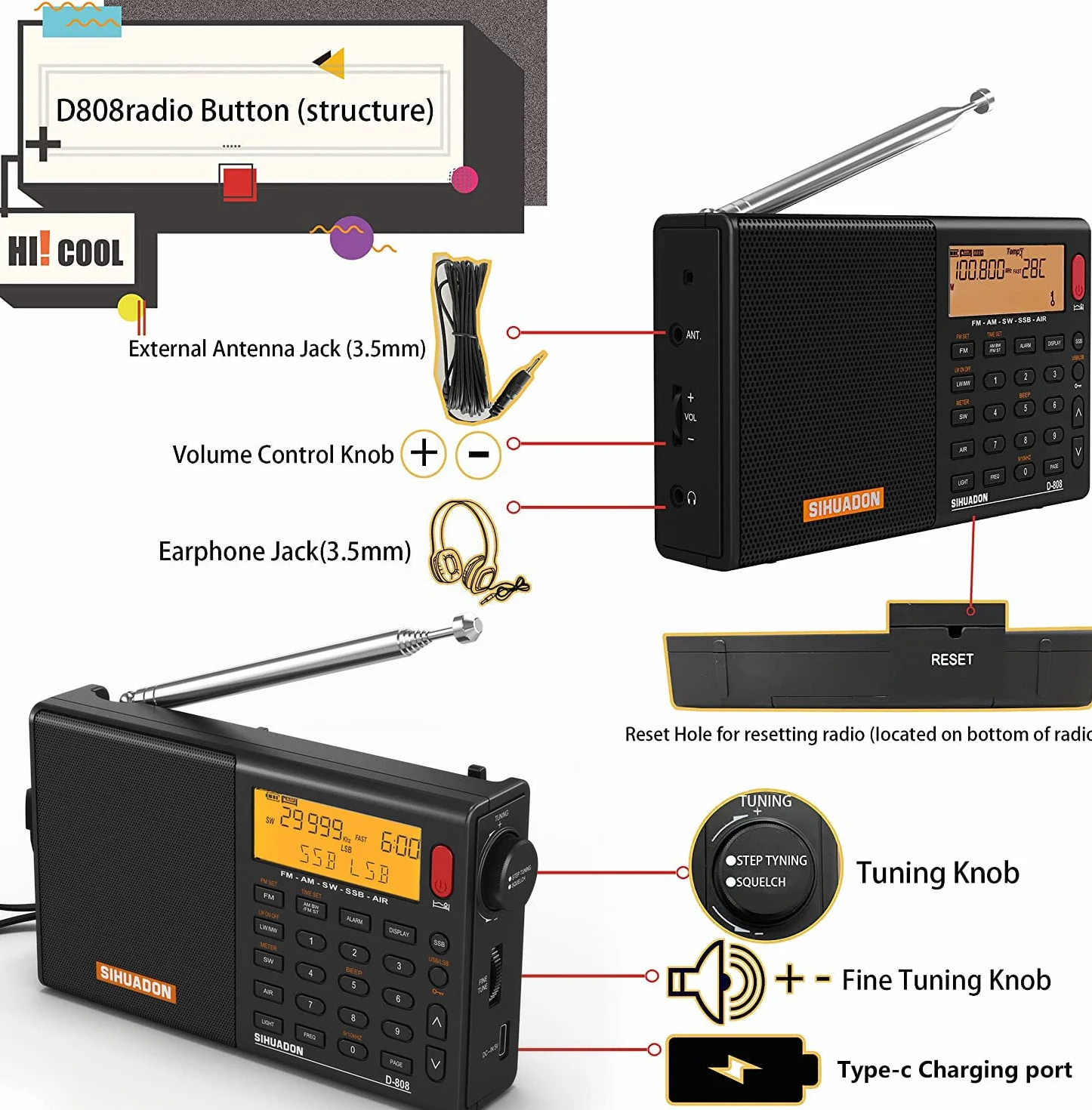 Przenośne radio cyfrowe SIHUADON D808 FM Stereofoniczny KW MW LW SSB AirBand wielopasmowy głośnik radiowy wyświetlacz LCD budzik wyłącznik czasowy czarny