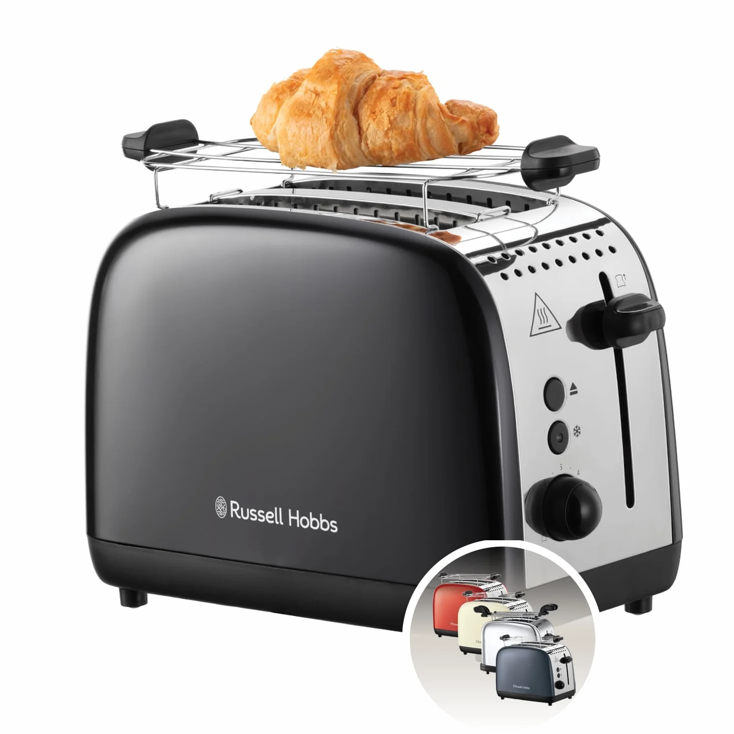 Russell Hobbs toster, na 2 kromki, bardzo szerokie szczeliny na tosty, nasadka do bułek, 6 ustawień opiekania, funkcja rozmrażania i Lift & Look, 1670W, stal nierdzewna, czarny, Colors Plus 26550-56