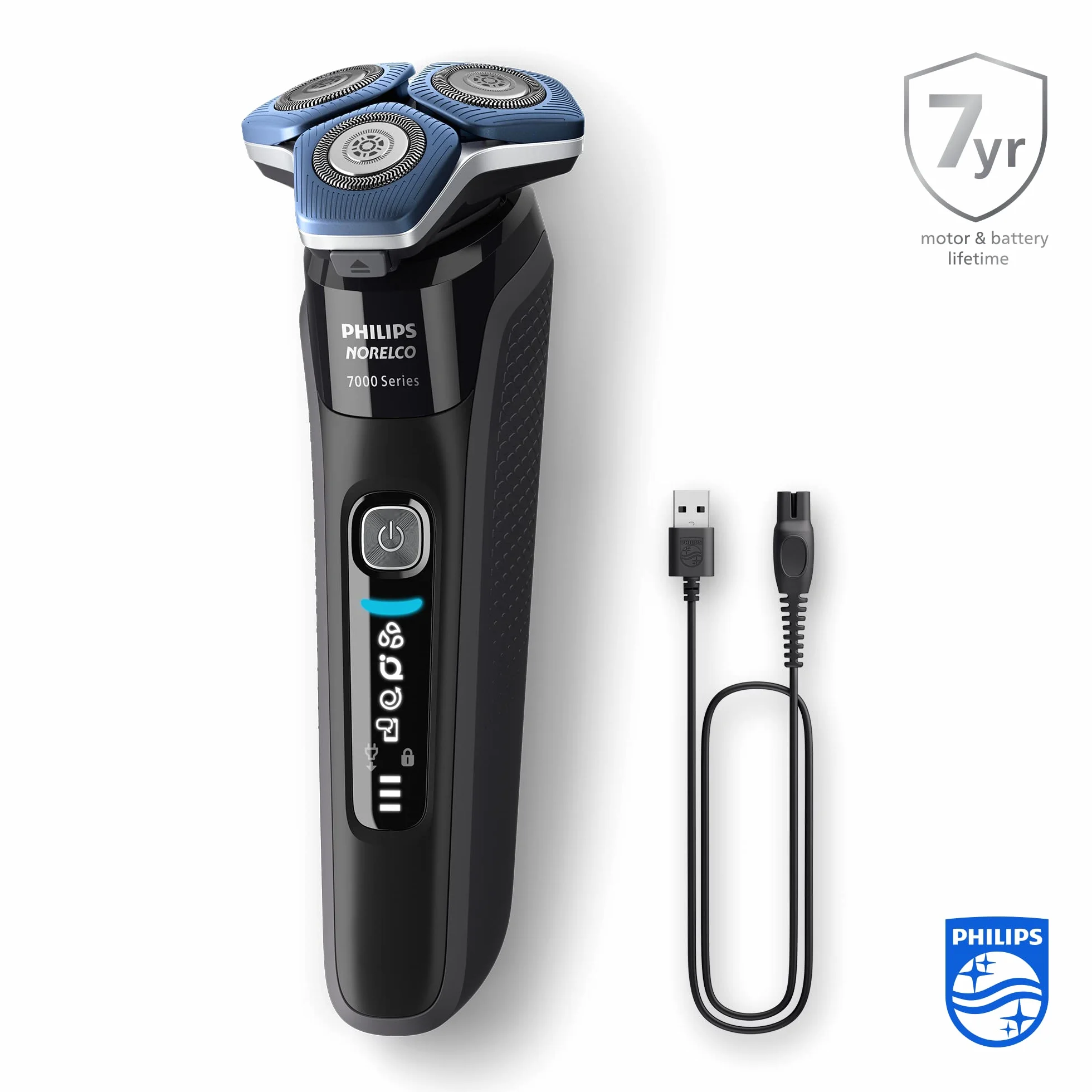 Golarka elektryczna Philips Series 7000 do golenia na mokro i na sucho z technologią SkinIQ, zintegrowanym trymerem, podkładką ładującą, etui podróżnym, wkładem Quick Clean (Model S7886/55)