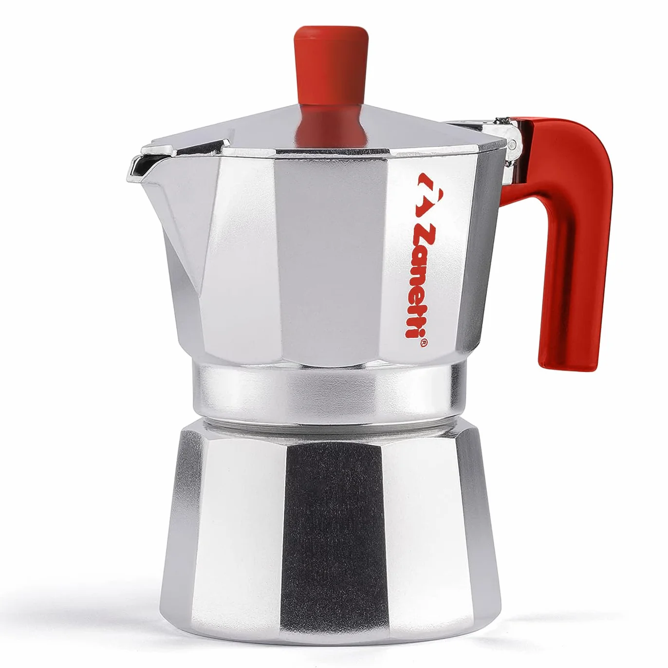 Zanetti, Mama Red Edition, Aluminiowy dzbanek do kawy, ekspres do kawy, 2 filiżanki, Moka Espresso z systemem zapobiegającym upadkowi, silikonowa uszczelka, ergonomiczny uchwyt, kolor czerwony