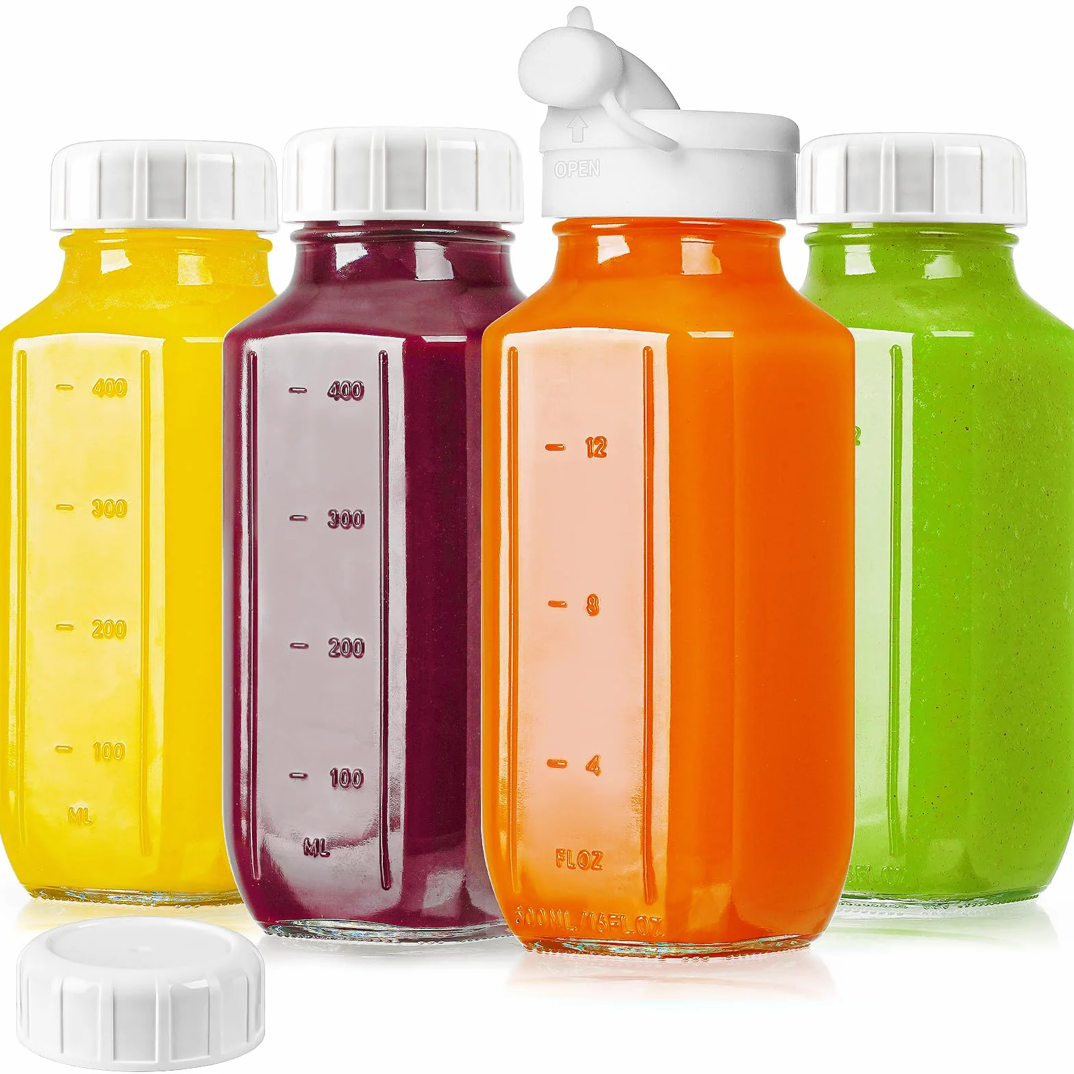 Szklane butelki na sok 500 ml 4-pak hermetyczne z pokrywkami wielokrotnego użytku