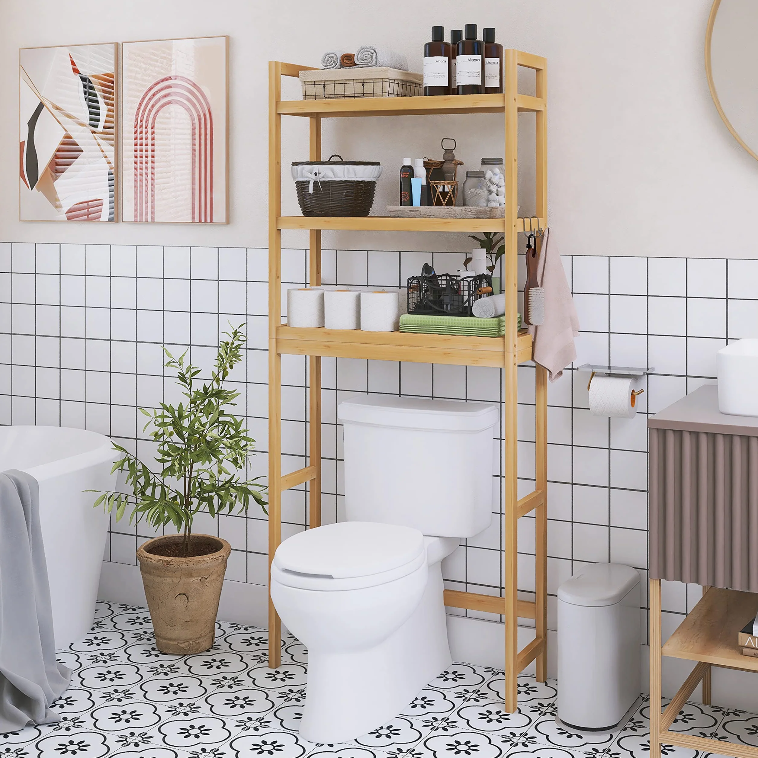 SMIBUY Regał łazienkowy, bambusowy stojak na toalety, wolnostojąca toaleta Space Saver z 3 poziomami półek (naturalny)