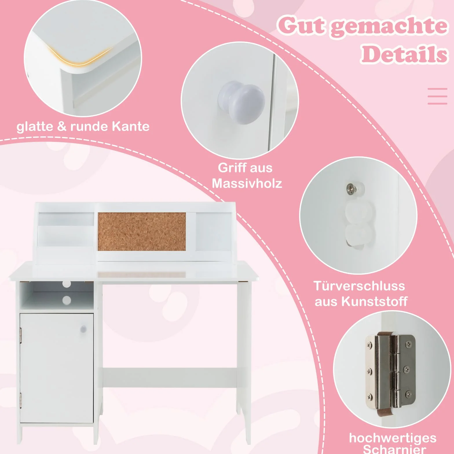 COSTWAY Zestaw biurka dla dzieci, biurko dla dzieci z krzesłem z drewna, biurko szkolne z regałem na książki, szafą i tablicą do przypinania, biurko młodzieżowe dla dzieci od 3 lat, kolor biały