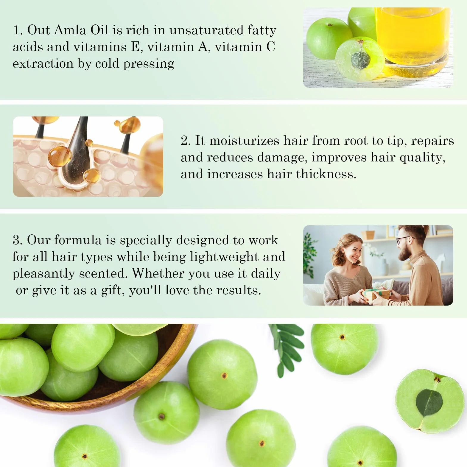 Olejek Amla 60 ml, olejek do włosów dla zdrowego wzrostu włosów, naturalny i wegański, wspomaga grubsze, pełniejsze, lśniące włosy dla mężczyzn i kobiet