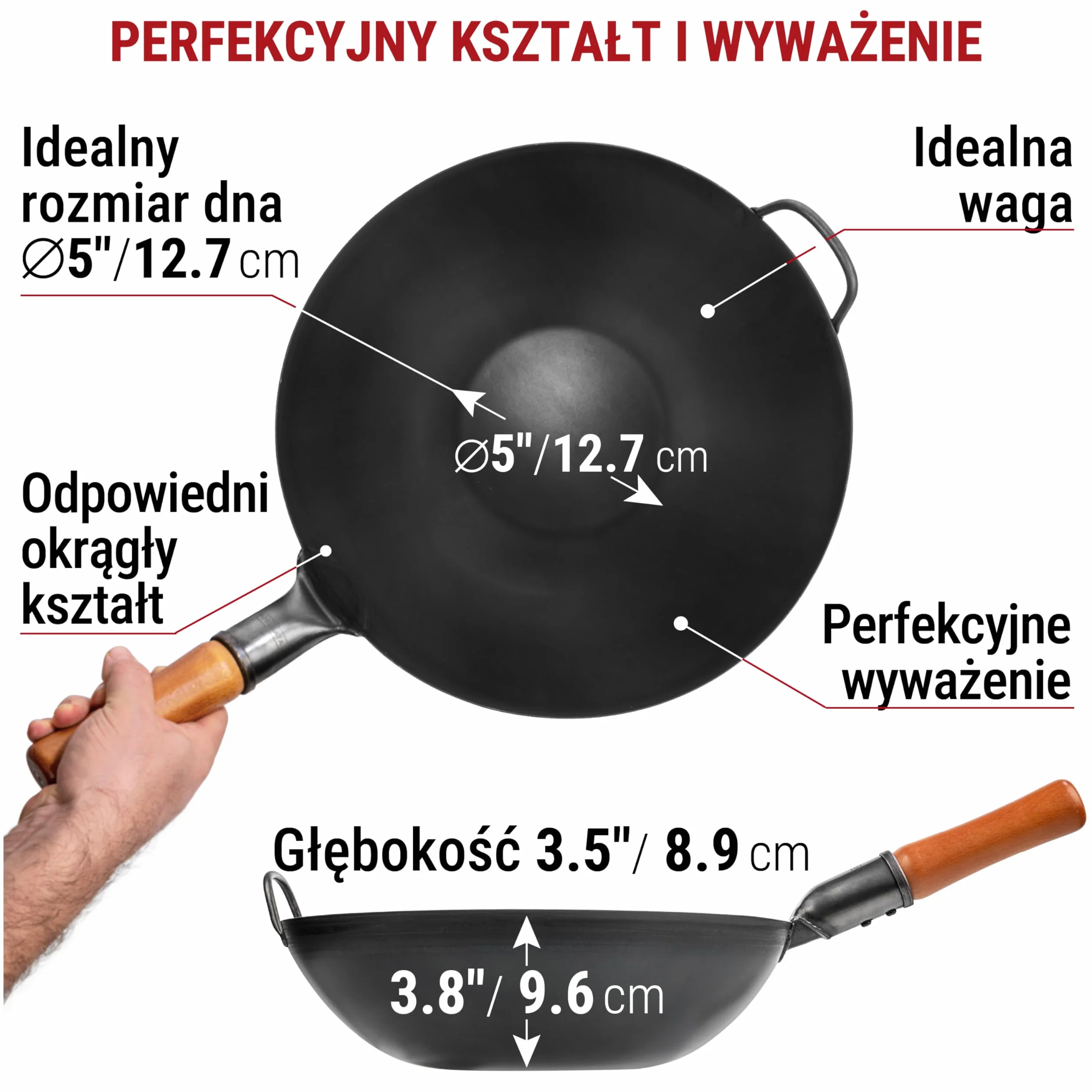 YOSUKATA Wok Stal Węglowa 34 cm - Chiński Wok z Płaskim Dnem do Stir Fry i Grillowania