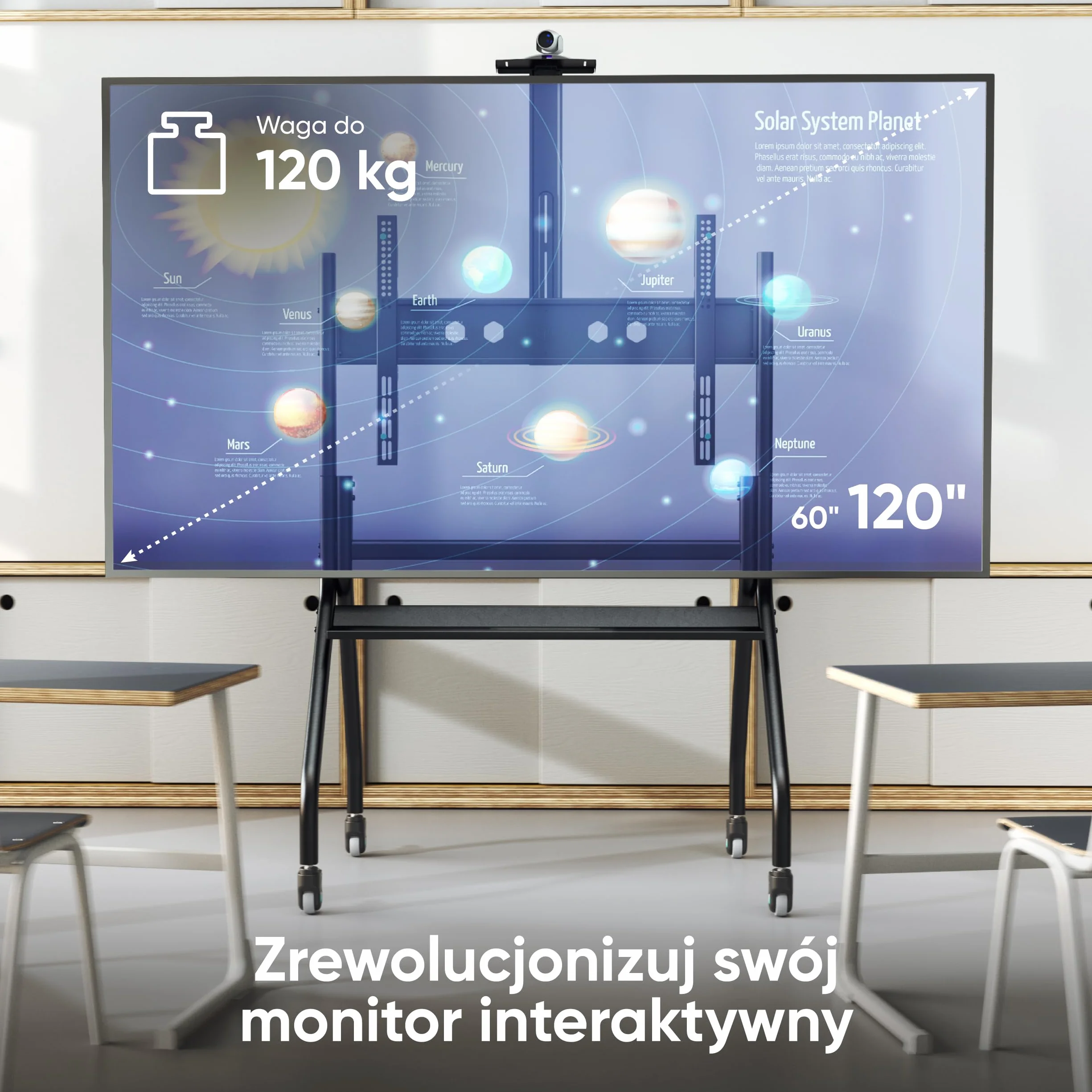 ONKRON Stojak pod telewizor z kółkami o przekątnej 60-120", maks. obciążenie do 150 kg, profesjonalna podstawka pod telewizor z regulacją wysokości, maks. VESA 1000 x 600, stojak na telewizor z