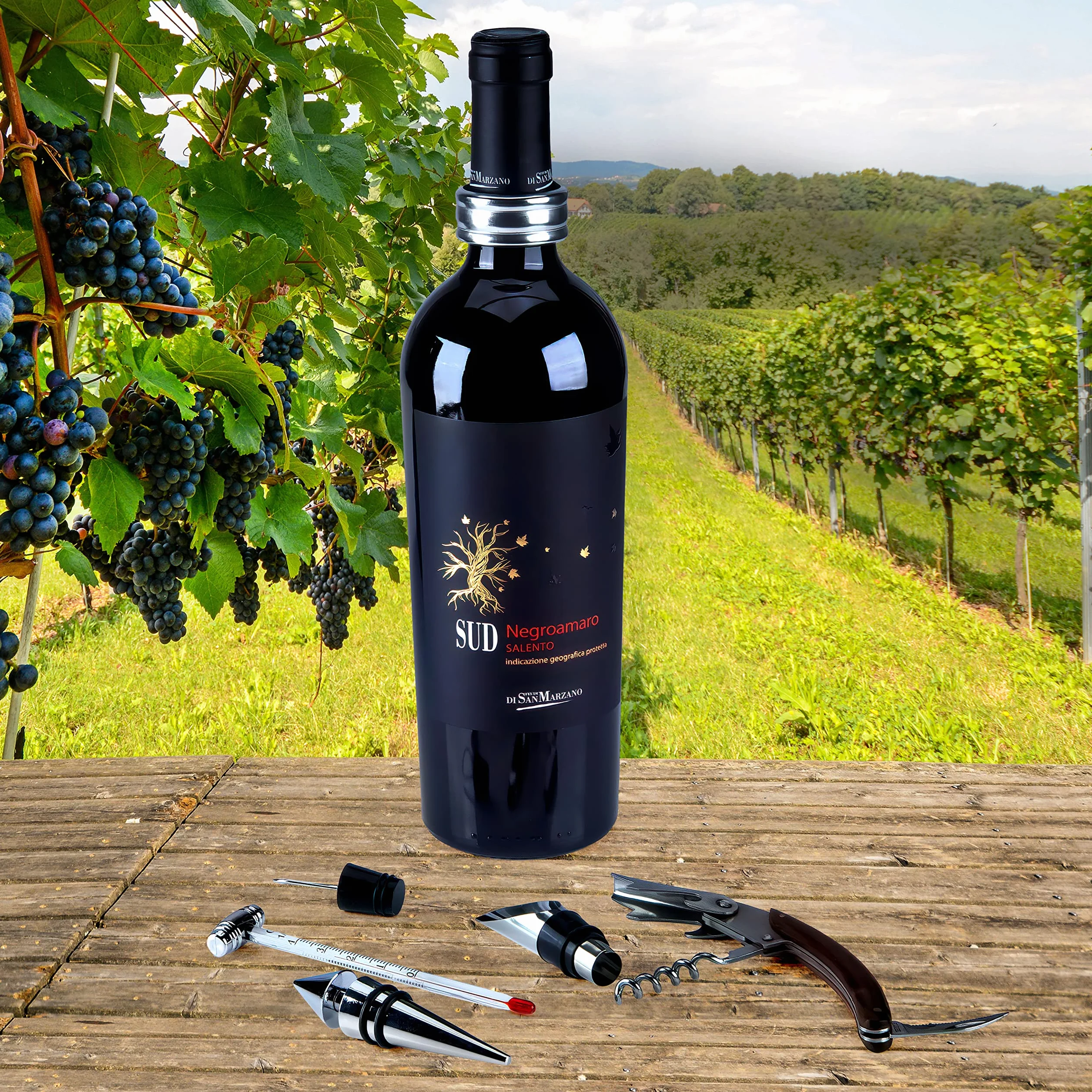 Skrzynka na wino zestaw sommelierski zestaw upominkowy drewniana skrzynka na butelkę wina z akcesoriami dla miłośników wina; drewniana skrzynka w kolorze mahoniu 6 szt.