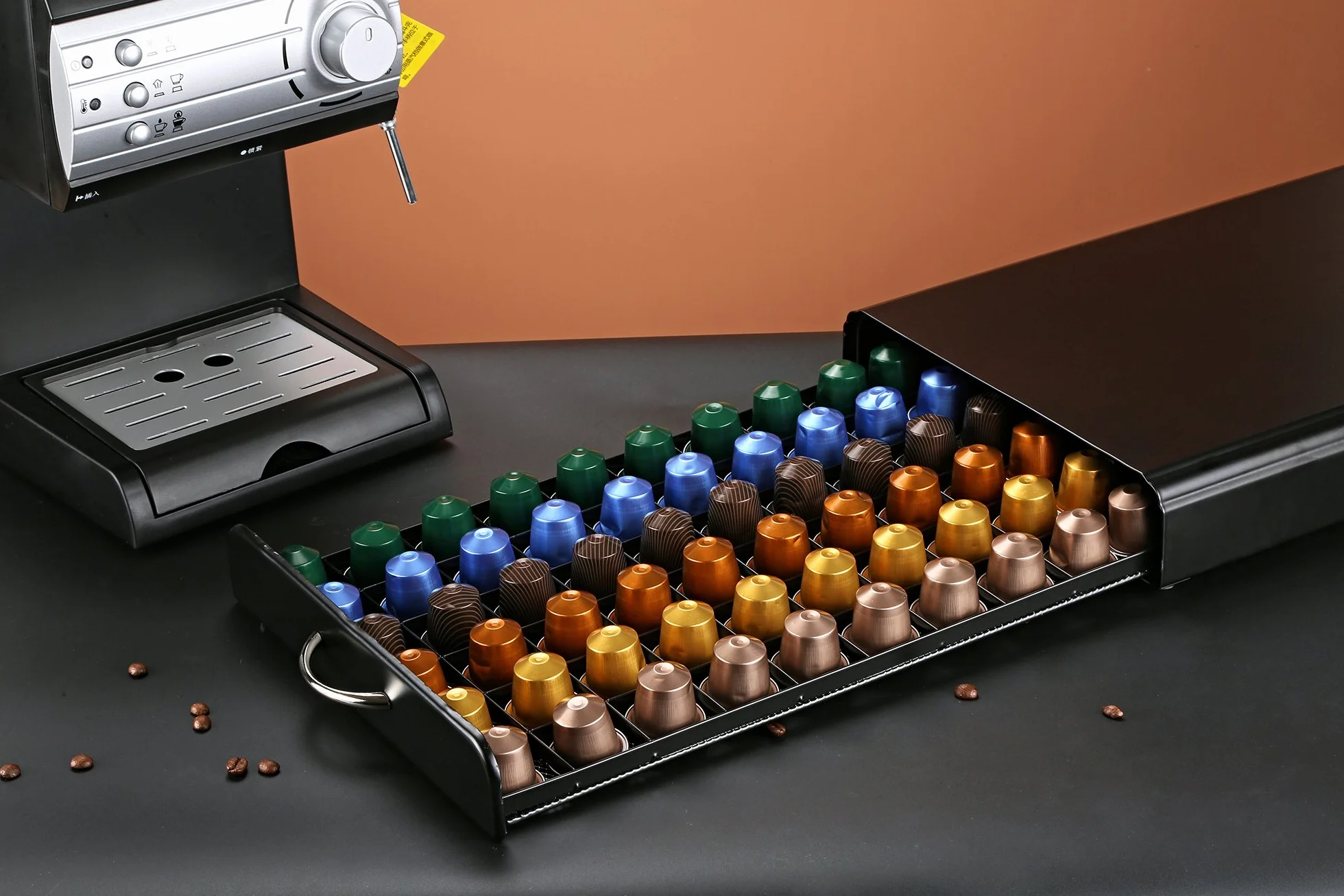 HiveNets Nespresso Uchwyt na kapsułki do kawy pod metalową szufladą do przechowywania na 60 szt