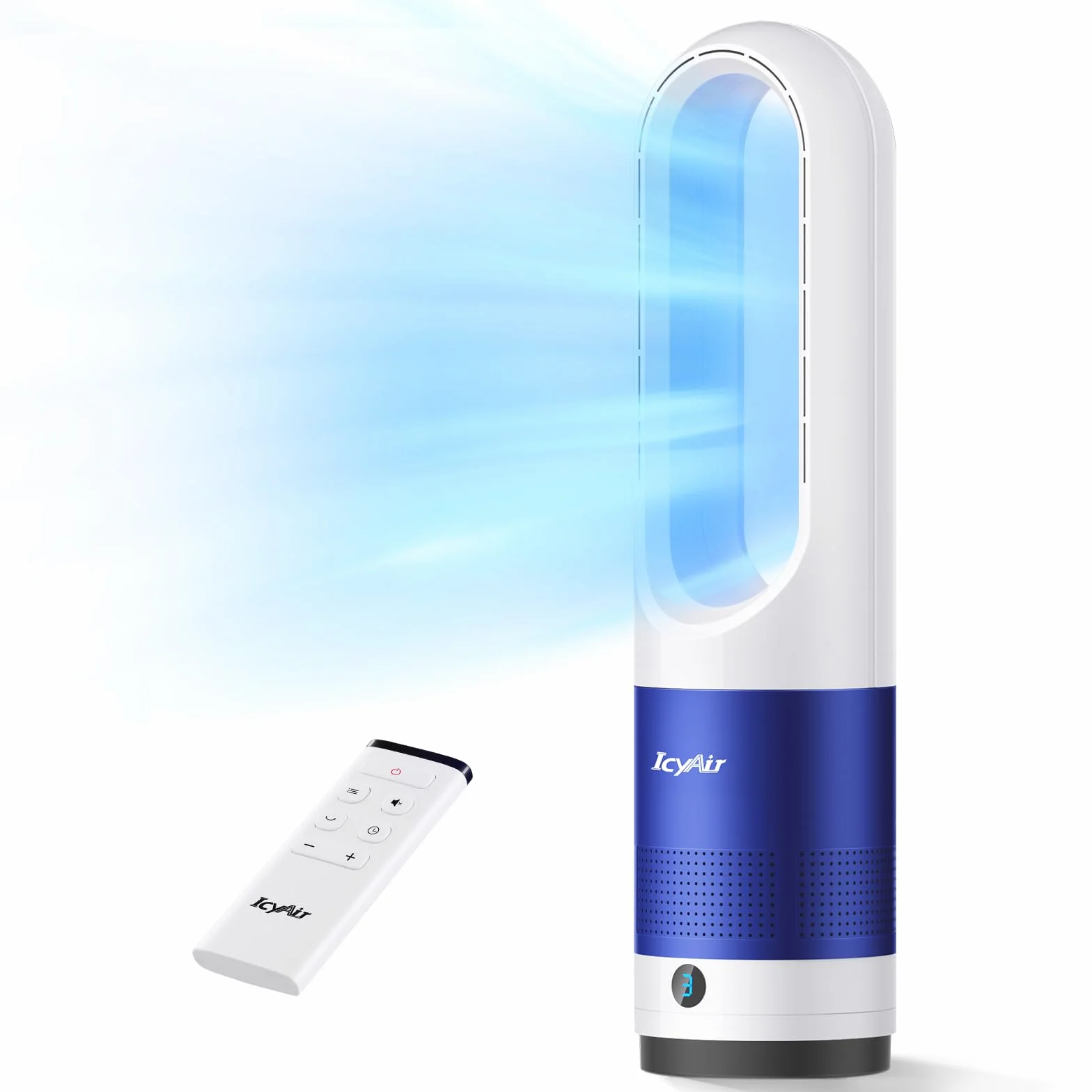 IcyAir 55 cm Bezłopatkowy wentylator wieżowy, bezłopatkowy wentylator 35 dB, oscylacja 90°, 8 prędkości, 9h timer, wyświetlacz LED, przenośne wentylatory wieżowe do domu i biura
