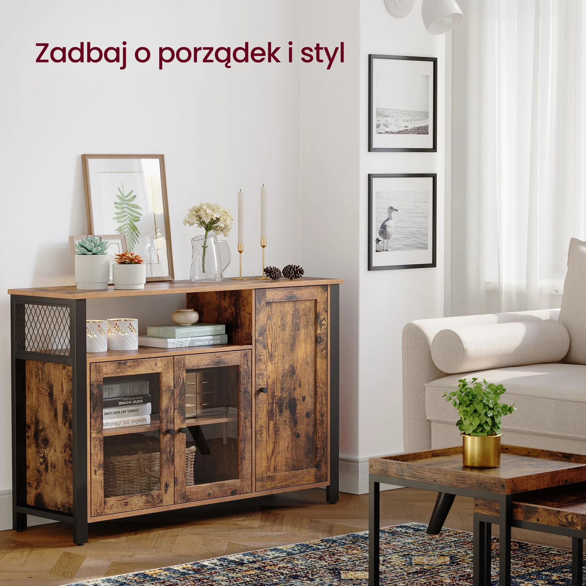 VASAGLE kredens, szafka kuchenna, szafka do przechowywania, z 3 drzwiami, do salonu, kuchni, jadalni, 110 x 33 x 75 cm, wzornictwo przemysłowe, vintage brązowo-czarny LSC096B01