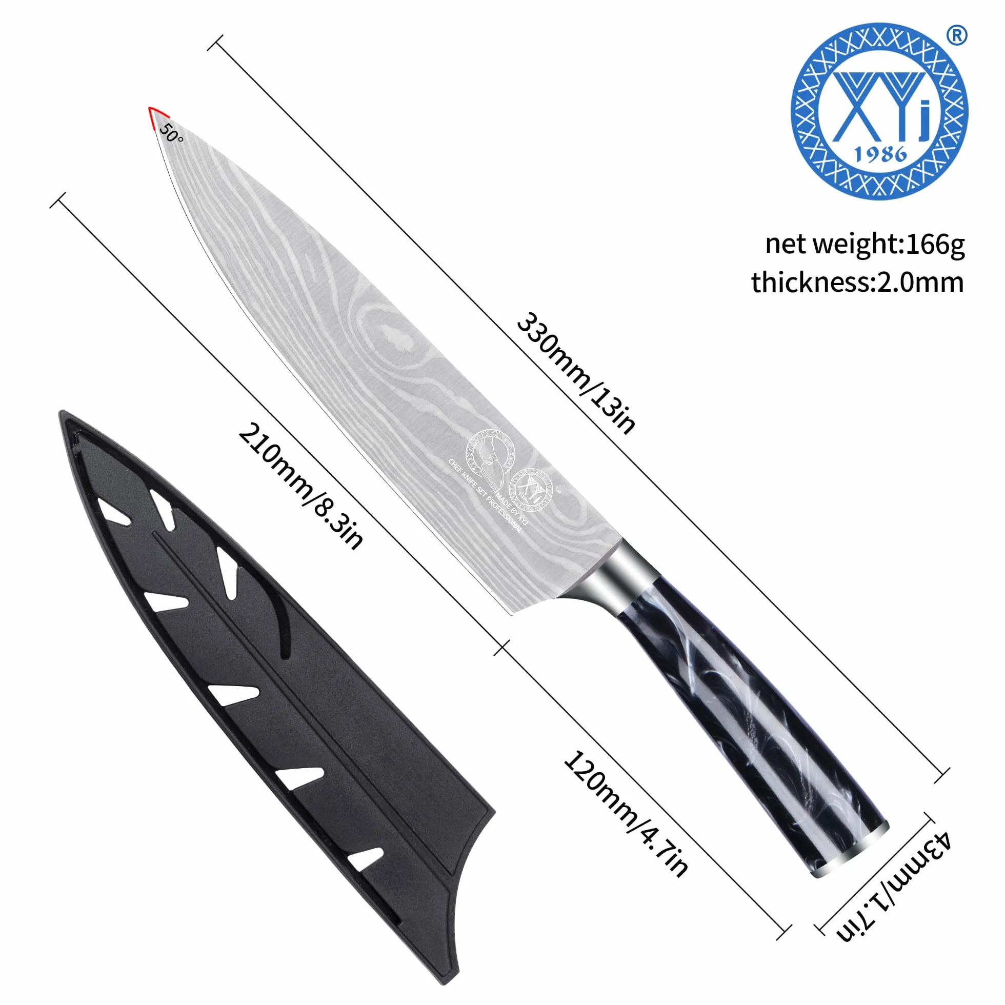 XYJ Authentic Since 1986,8 Inch Japanese Chef Knife,Stainless Steel,Vein Damascus Pattern Sharp Blade,Meat Cleaver for Meat Cutting,Professional Kitchen Knife With Sheath,Outdoor Camping BBQ