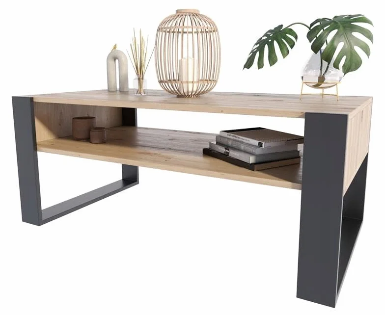 MATKAM Kaja stolik kawowy wys. 50 x szer. 120 x gł. 63,6 cm, otwarty regał pod blatem roboczym, praktyczna elegancja i funkcjonalność, styl retro loft (dąb Artisan - czarny)