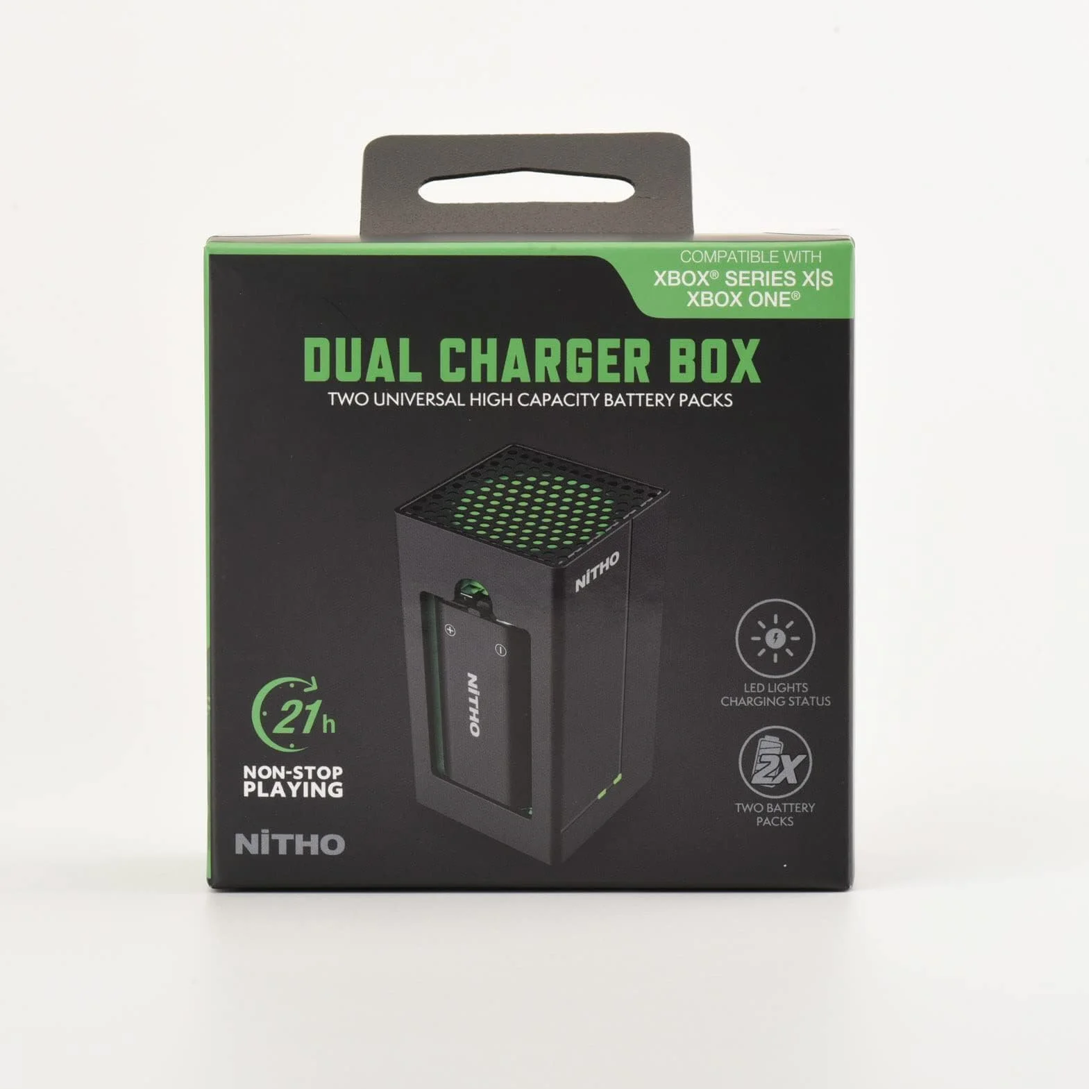 NiTHO stacja ładująca kompatybilna z konsolą Xbox One/Xbox Series X/S kontroler, 2 akumulatory w zestawie, kompaktowa stacja ładująca z zielonymi światłami otoczenia i diodami LED stanu ładowania