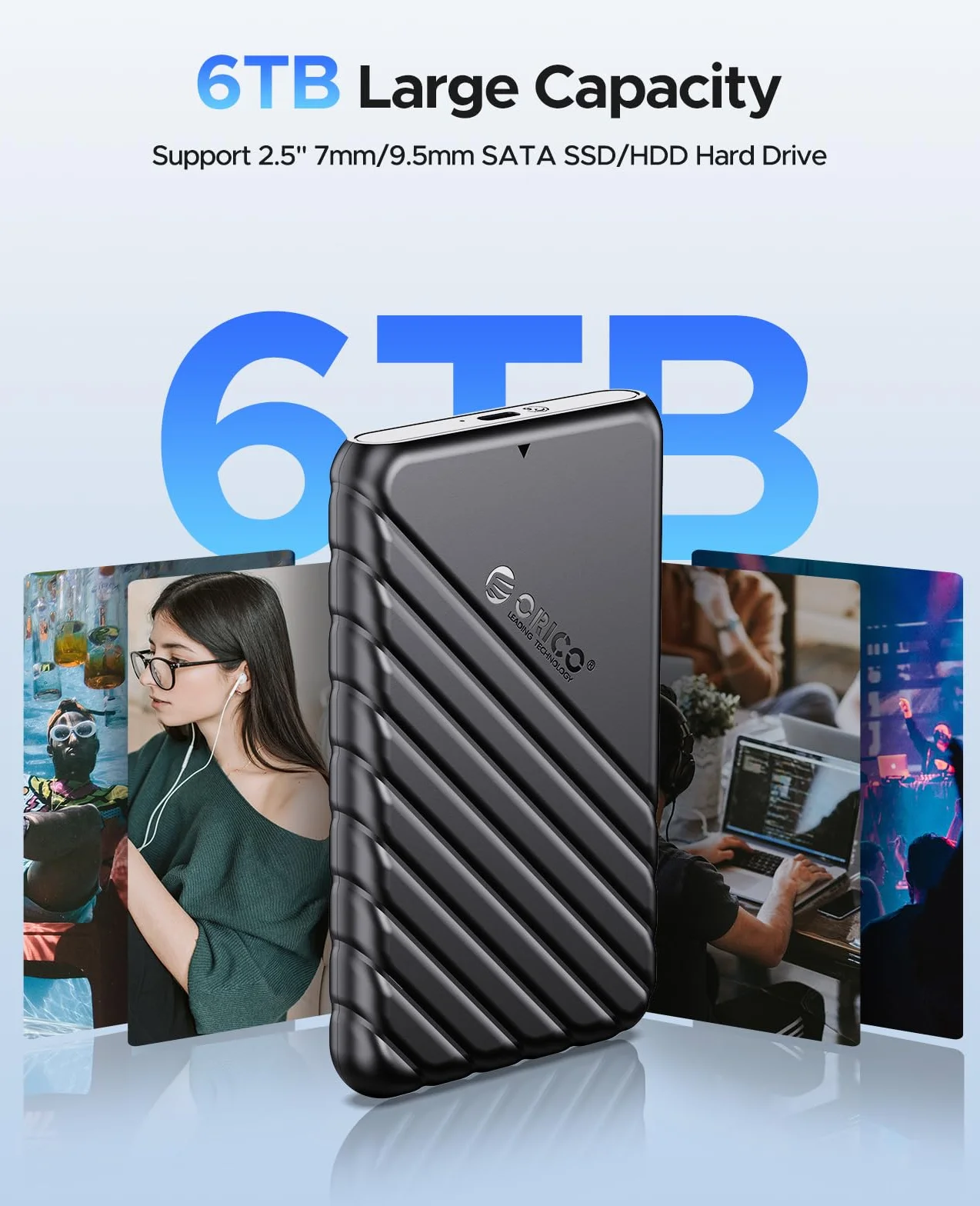 ORICO Obudowa dysku twardego 2,5" USB C USB 3.1 Gen 2 do SATA III, zewnętrzna obudowa dysku twardego do SSD HDD 9,5 7 mm bez użycia narzędzi z UASP, czarna (25PW1-C3)