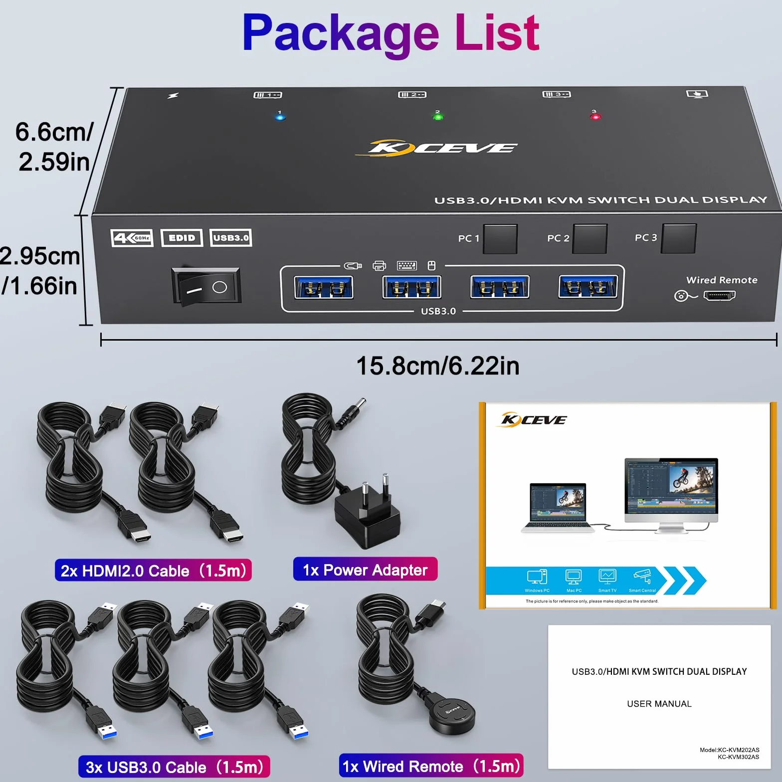 Przełącznik KVM HDMI 2 monitory 3 komputery 4K przy 60 Hz, symulacja EDID, podwójny monitor Przełącznik KVM dla 3 komputerów Udostępnij 2 wyświetlacze i 4 porty USB 3.0, przewodowy pilot i kable