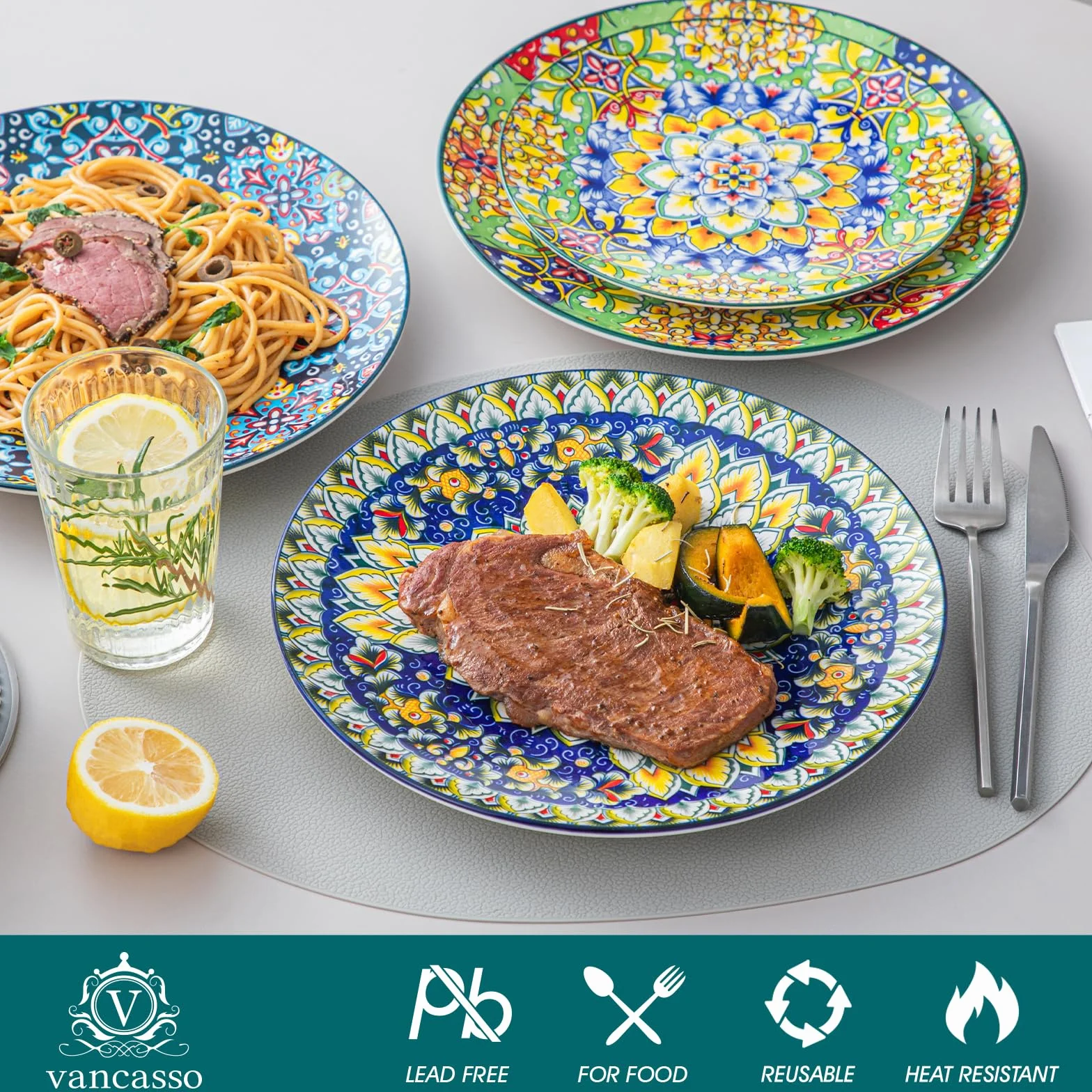vancasso Zestaw 6 talerzy obiadowych, talerze ceramiczne 26,7 cm, bezpieczne do kuchenki mikrofalowej, piekarnika i zmywarki, kolorowe naczynia w stylu boho do kuchni