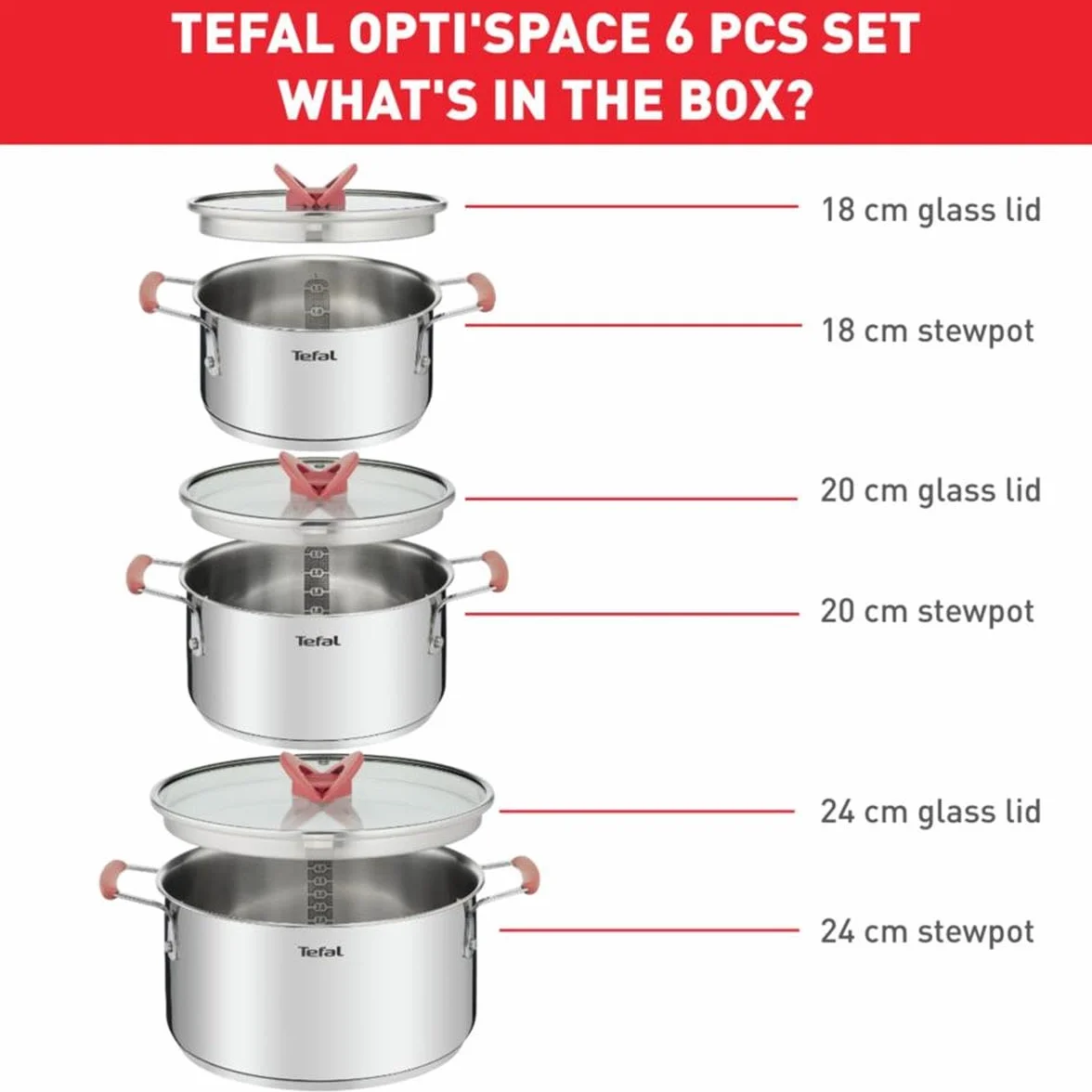 Tefal Opti'Space Zestaw 3 garnków 18/20/24 cm + pokrywki szklane indukcyjne stal nierdzewna