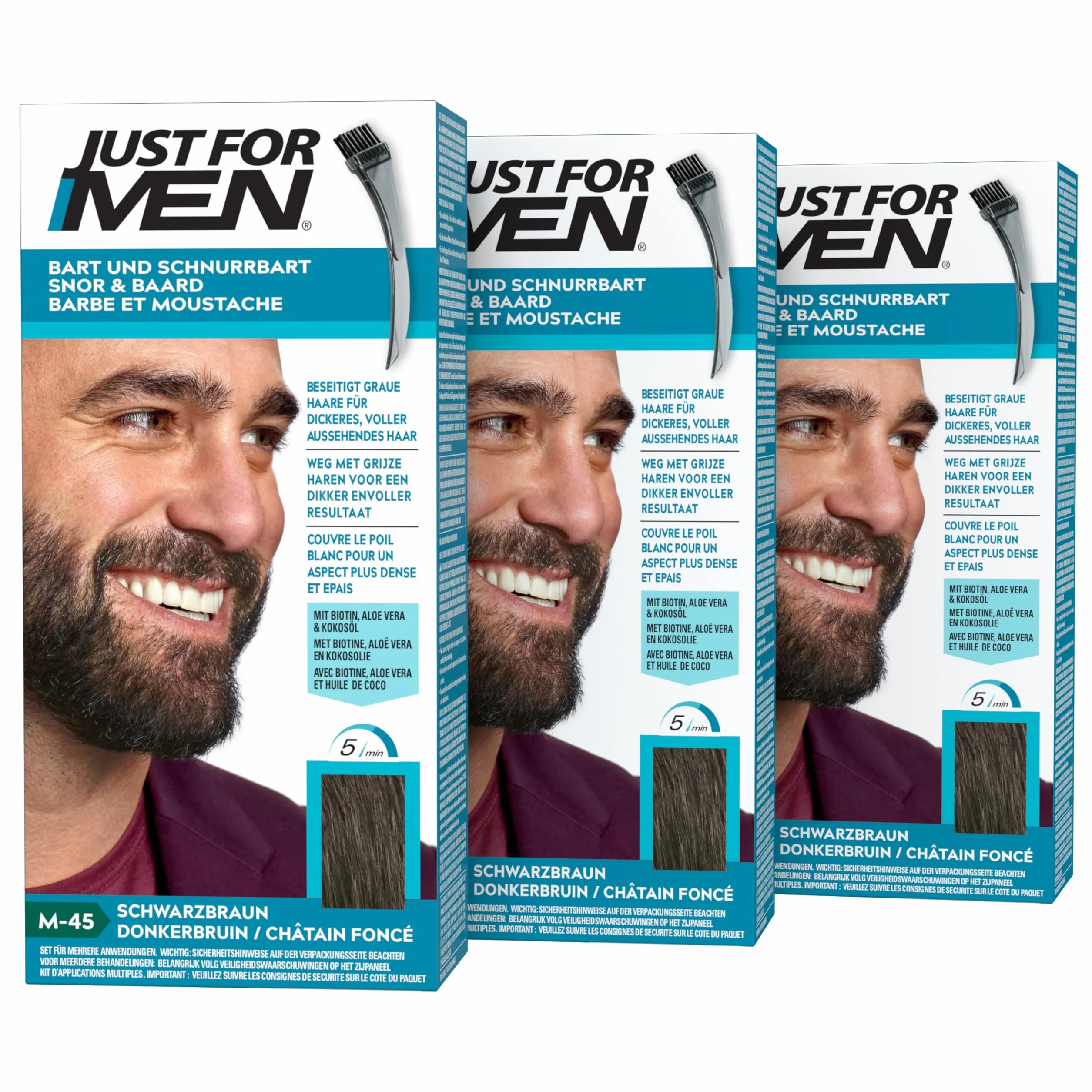 Just For Men Farba do wąsów i brody, ciemnobrązowa, odcień brody, eliminuje siwe włosy, zapewnia pełny wygląd, z pędzelkiem do aplikatora - M45 3 sztuki (3 x 28,4 g)