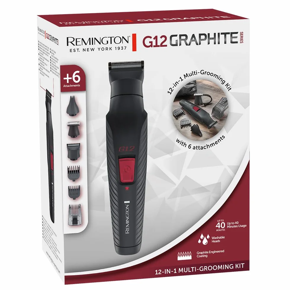 Remington Trymer do brody i maszynka do strzyżenia włosów (zestaw do pielęgnacji 12w1 z 6 nasadkami, do twarzy, precyzyjna, nosa, uszu i brwi, powłoka grafitowa, samoostrzące się ostrza) G12 PG2120