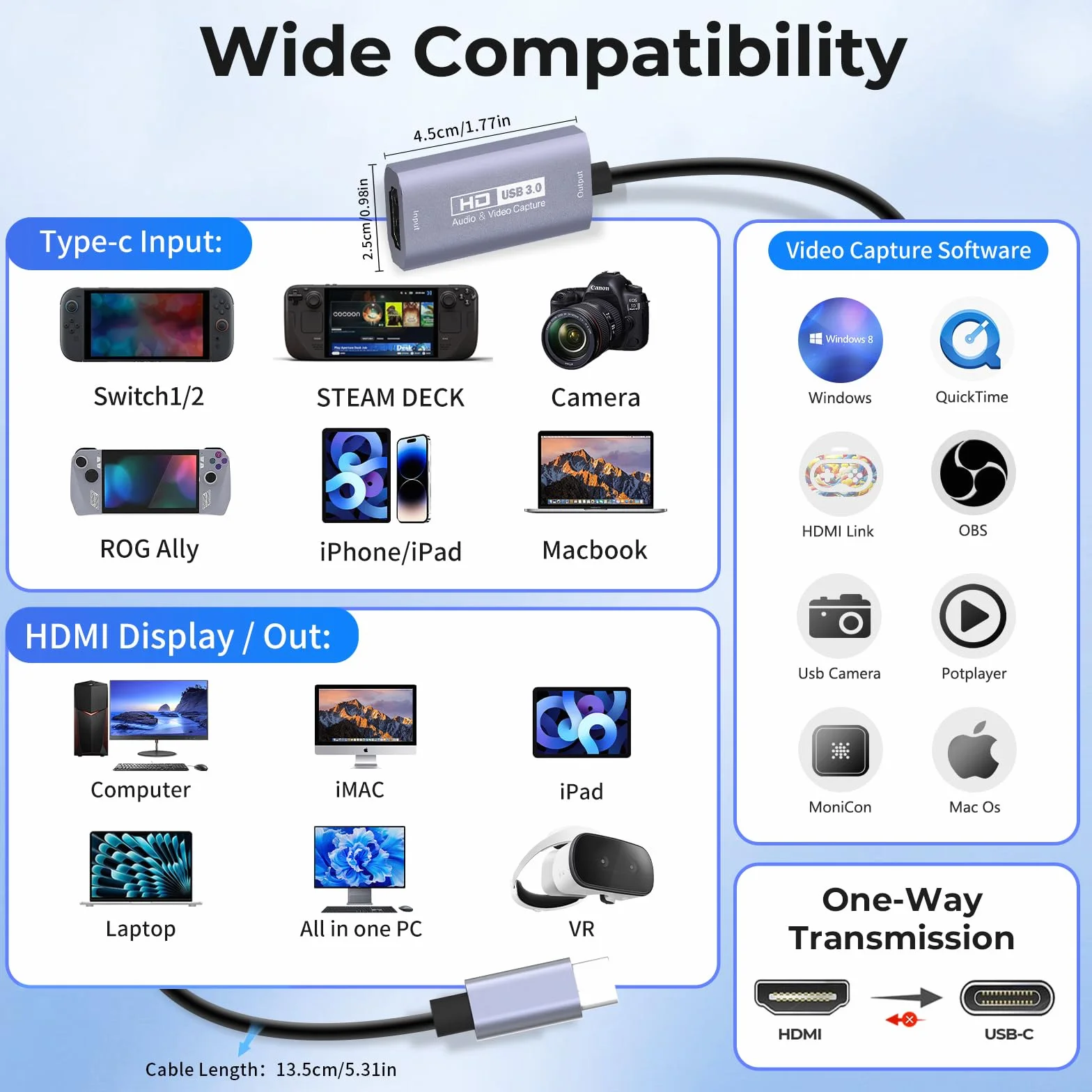 Guermok Karta przechwytywania wideo, karta przechwytywania audio USB 3.0 HDMI na USB C, 4K 1080p60fps urządzenia przechwytujące do gier na żywo rejestrator wideo, działa z systemem Windows Mac OS dla