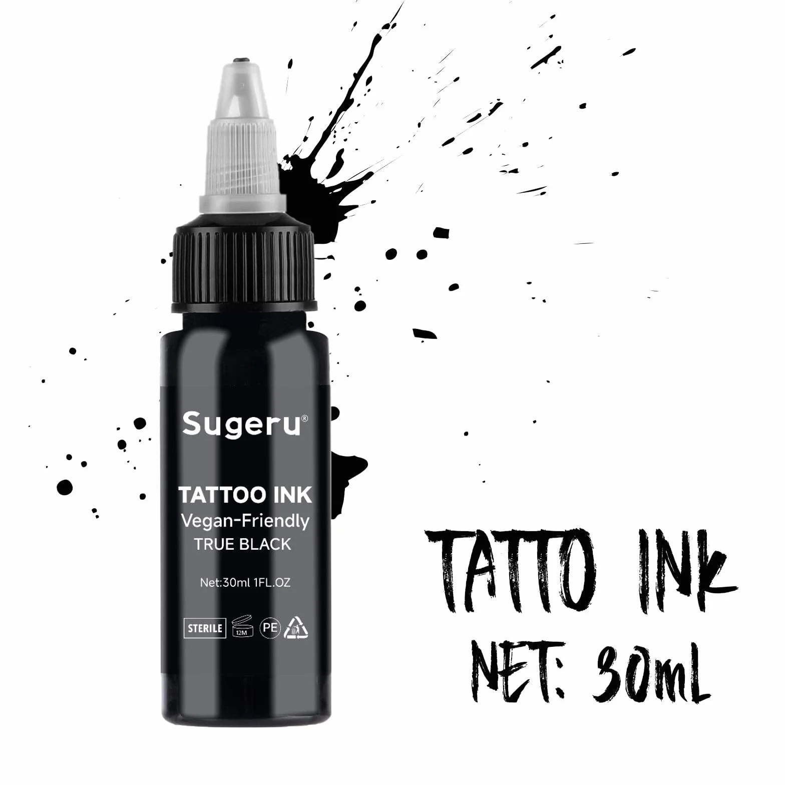 Sugeru® Kolor tatuażu Black – tusz do tatuażu, 30 ml, przyjazny dla wegan, tusz do tatuażu, kolor czarny, trwały kolor, profesjonalny tusz do tatuażu dla artystów tatuażu