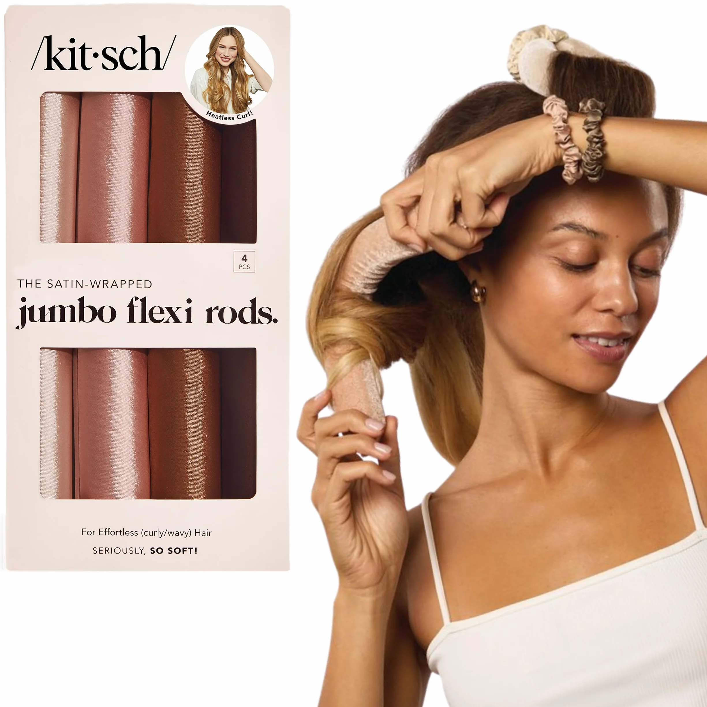 Jumbo Flexi Rod, bezgrzewcze wałki do włosów, kitsch satynowe wałki do loków, 4 szt.