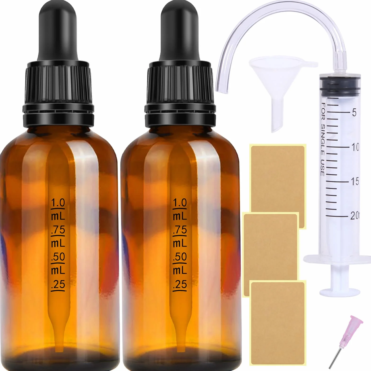 Szklana butelka z pipetą z pipetą, zestaw 2 szt. 50 ml, małe butelki z brązowego szkła, butelki z pipetą, butelki szklane z czarną nasadką z pipetą, 5 akcesoriów pomocniczych