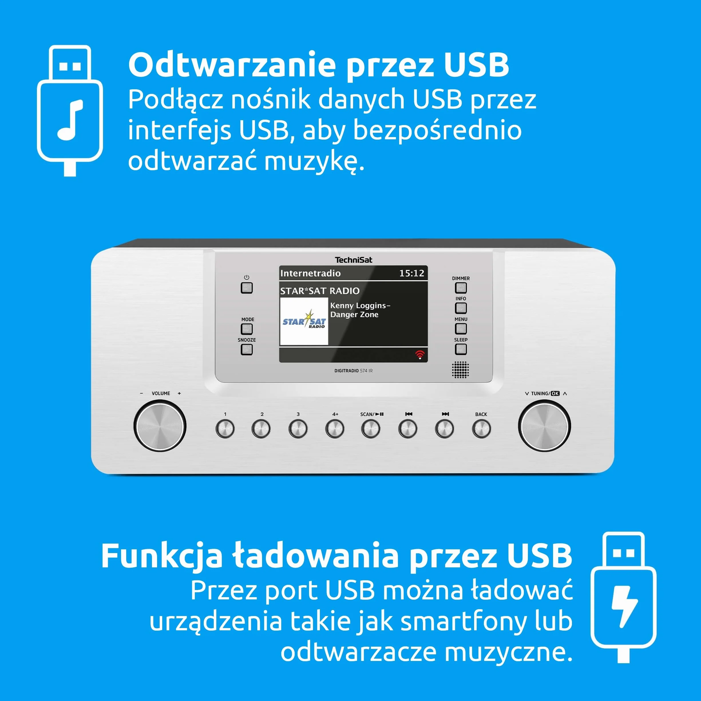 TechniSat DIGITRADIO 574 IR - radio internetowe stereo (DAB+, FM, WLAN, streaming audio Bluetooth, 4-calowy kolorowy wyświetlacz, USB, wejście AUX, gniazdo słuchawkowe, budzik, 10 W, aplikacja/pilot)