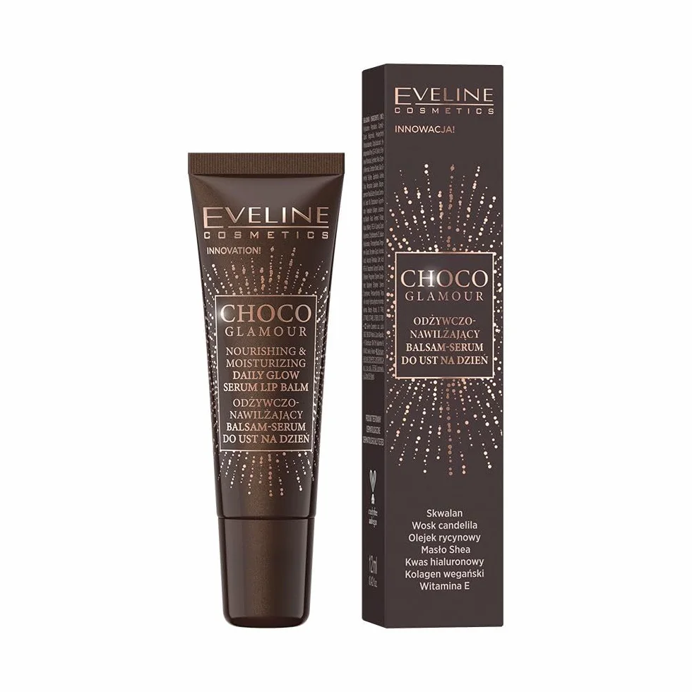 Eveline Cosmetics Choco Glamour głęboko nawilżające serum do ust z masłem shea i skwalanem, wegańskie nawilżenie i pielęgnacja