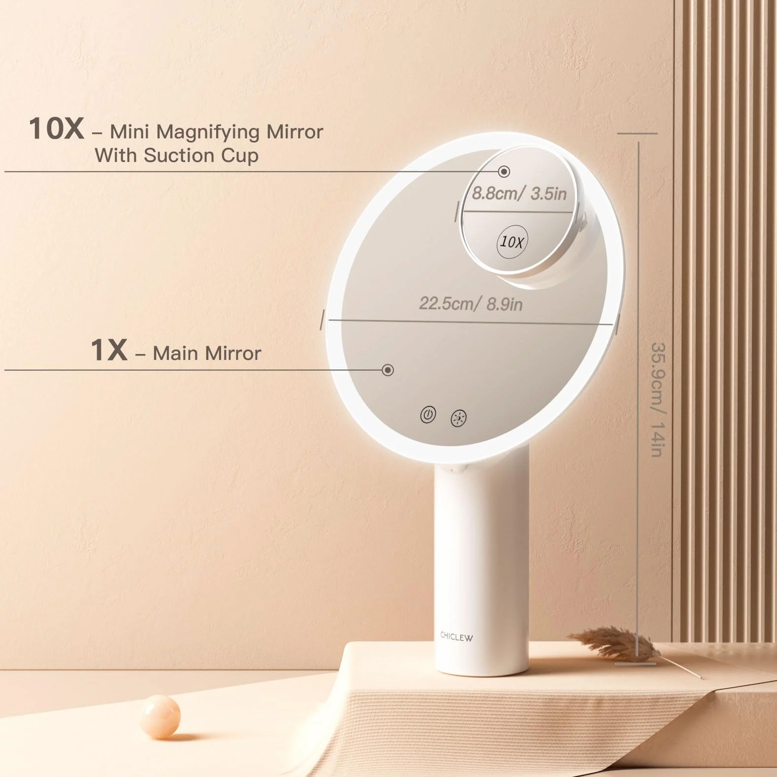 CHICLEW Podświetlane lusterko do makijażu z 3 kolorami, powiększające lusterko kosmetyczne z ekranem dotykowym 1X/10x, ładowalne, podświetlane lusterko z regulowanym stojakiem, ściemniane lusterko