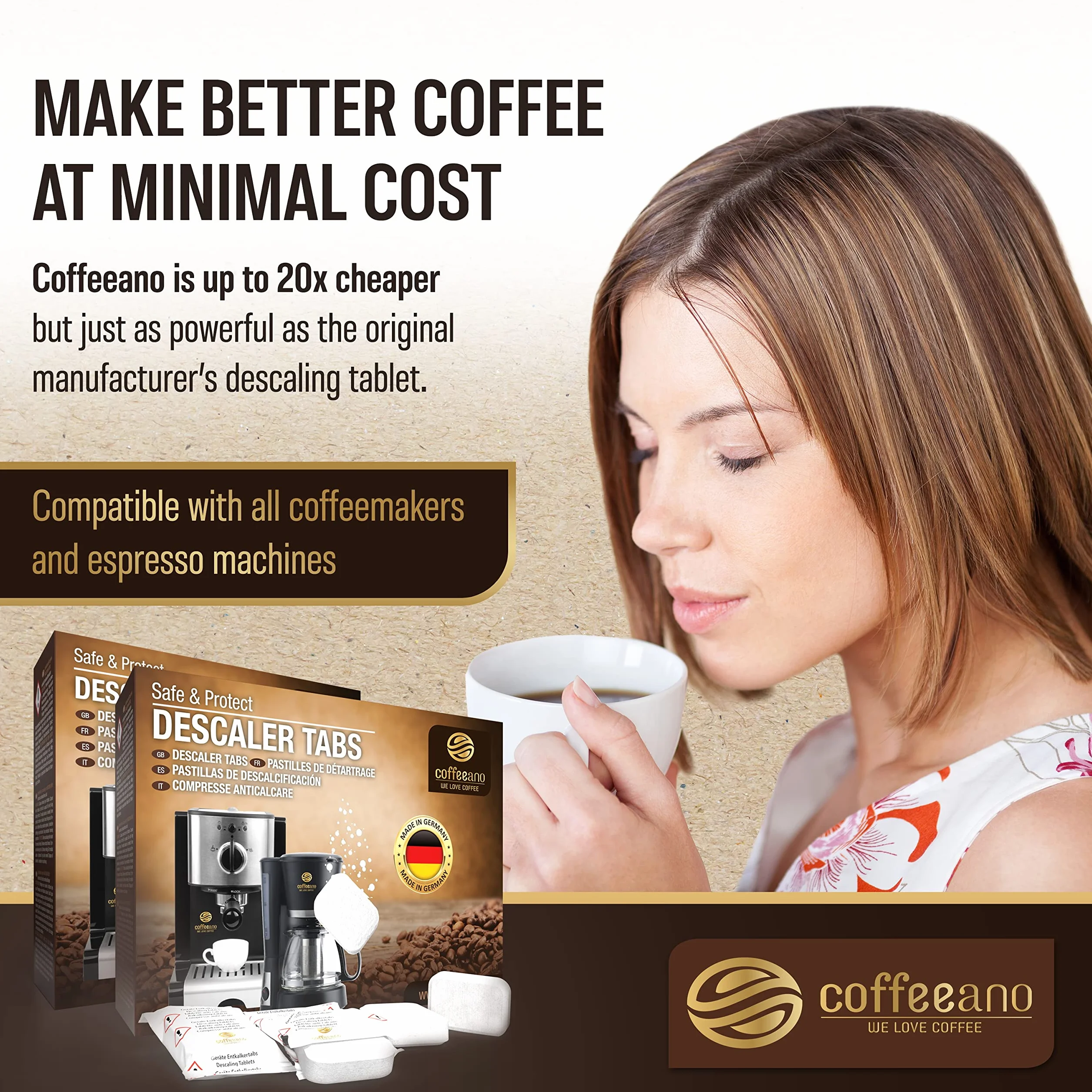 Coffeeano 50 tabletek odkamieniających XL do ekspresów do kawy kompatybilne z Jura, Siemens, Krups, Bosch, Miele, Melitta, WMF