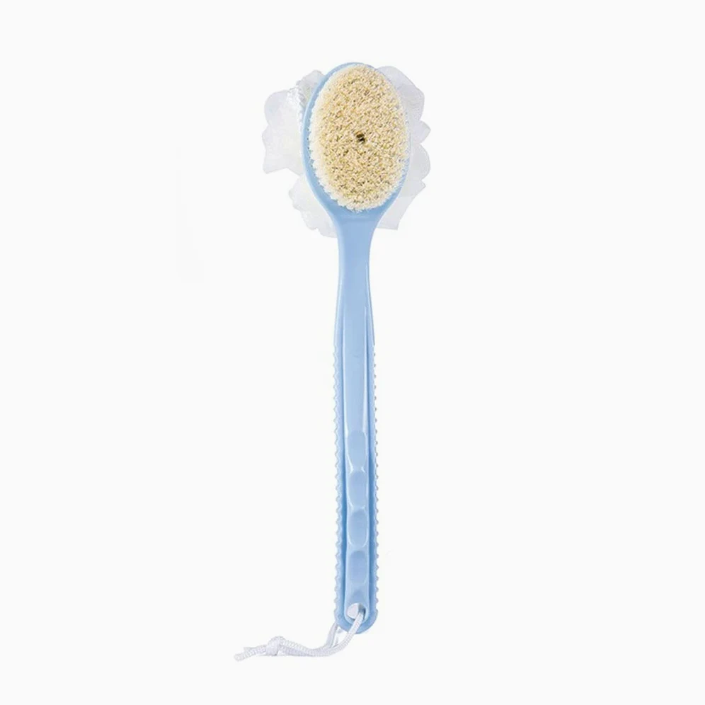 Ręcznik złuszczający Szczotka do ciała pod prysznic z włosiem i miękkim szorowaniem z tyłu Loofah Gąbka do kąpieli z zakrzywioną długą rączką Szczotka do złuszczającej kąpieli, Szczotka do c