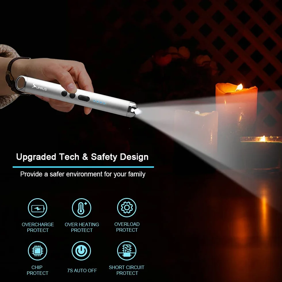SUPRUS Candle Lighter Arc wiatroszczelna bezpłomieniowa zapalniczka USB LED srebrna