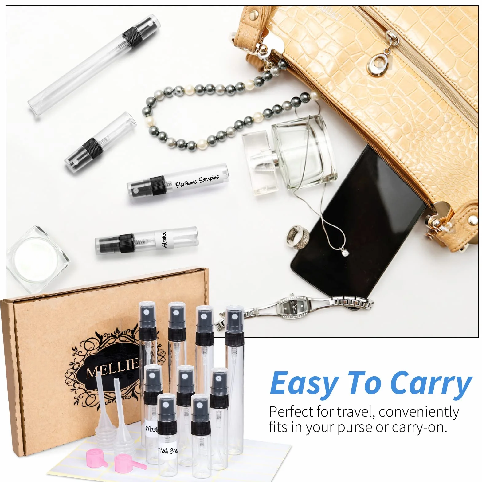 MELLIEX 15 szt. Puste perfumy z rozpylaczem do wielokrotnego napełniania, mini szklana butelka w sprayu do próbek perfum, rozpylacze kosmetyczne, (3 ml, 5 ml, 10 ml) Czarny