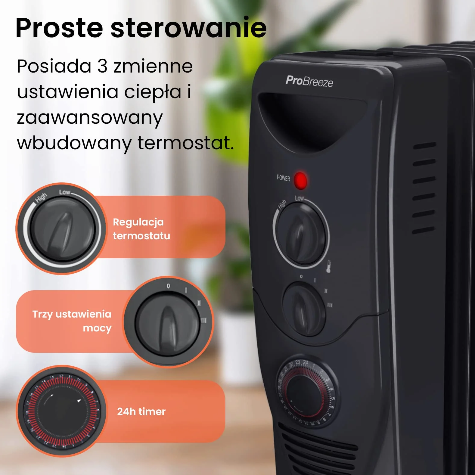 ProBreeze Olejowy Grzejnik Elektryczny 2500W z Termostatem 24h Timer 3 Poziomy Mocy Czarny
