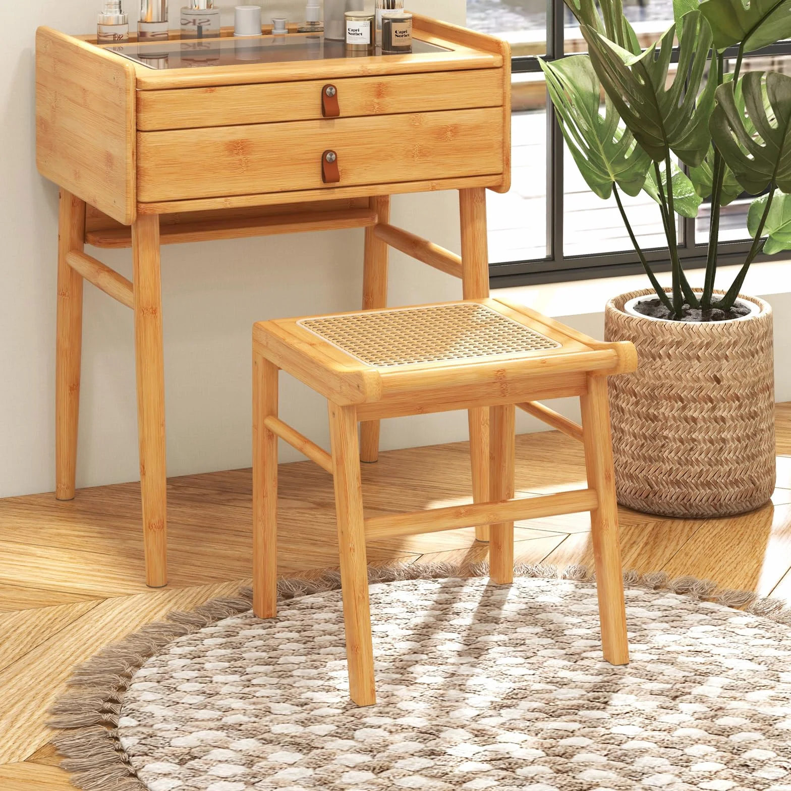 COSTWAY Taboret do siedzenia z bambusa, obciążenie do 120 kg, rattanowy, do garderoby