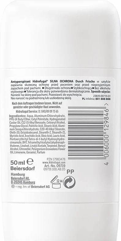 Hidrofugal SILNA OCHRONA Dusch Frische Antyperspirant w sztyfcie, szybkoschnący, bez alkoholu etylowego, unisex, długotrwała ochrona 50 ml