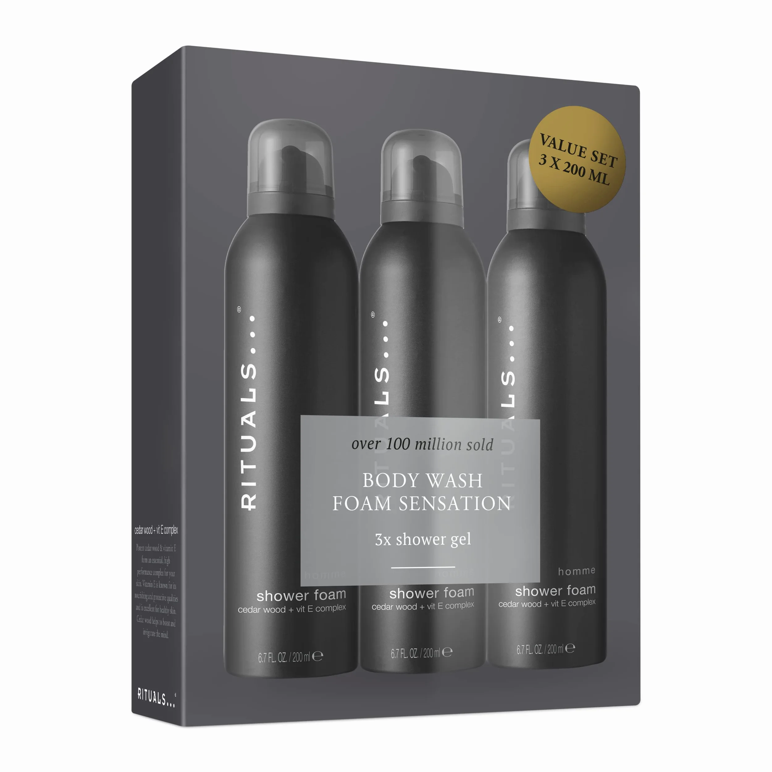 RITUALS Pakiet Musującego żelu pod prysznic z kolekcji Homme, 3 x 220 ml - z drewnem cedrowym - właściwości stymulujące i tonizujące z kompleksem witaminy E