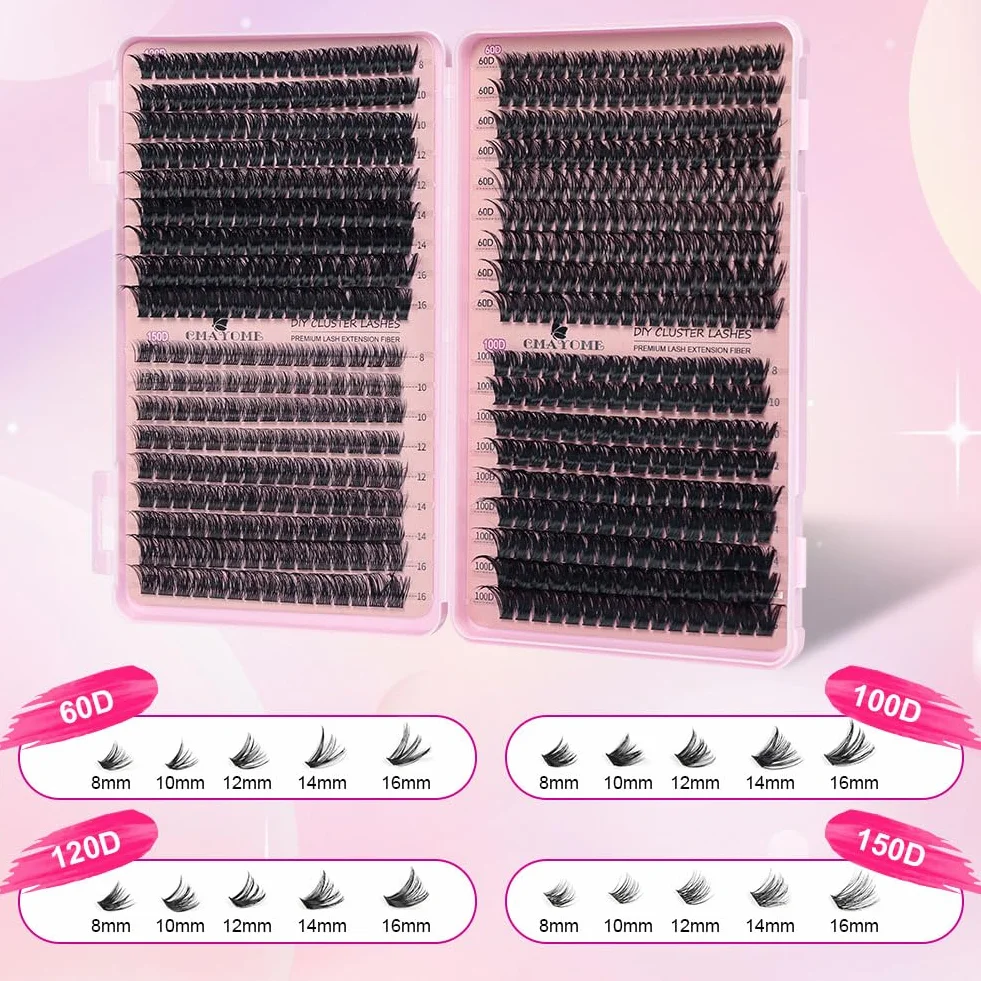 Aomig Zestaw do przedłużania rzęs, 722 szt., "zrób to sam", Cluster Lashes 8-16 mm, przyjazny dla środowiska materiał z efektem kociego oka, pęseta, klej, łącznie z rzęsami, naturalny wygląd, na co