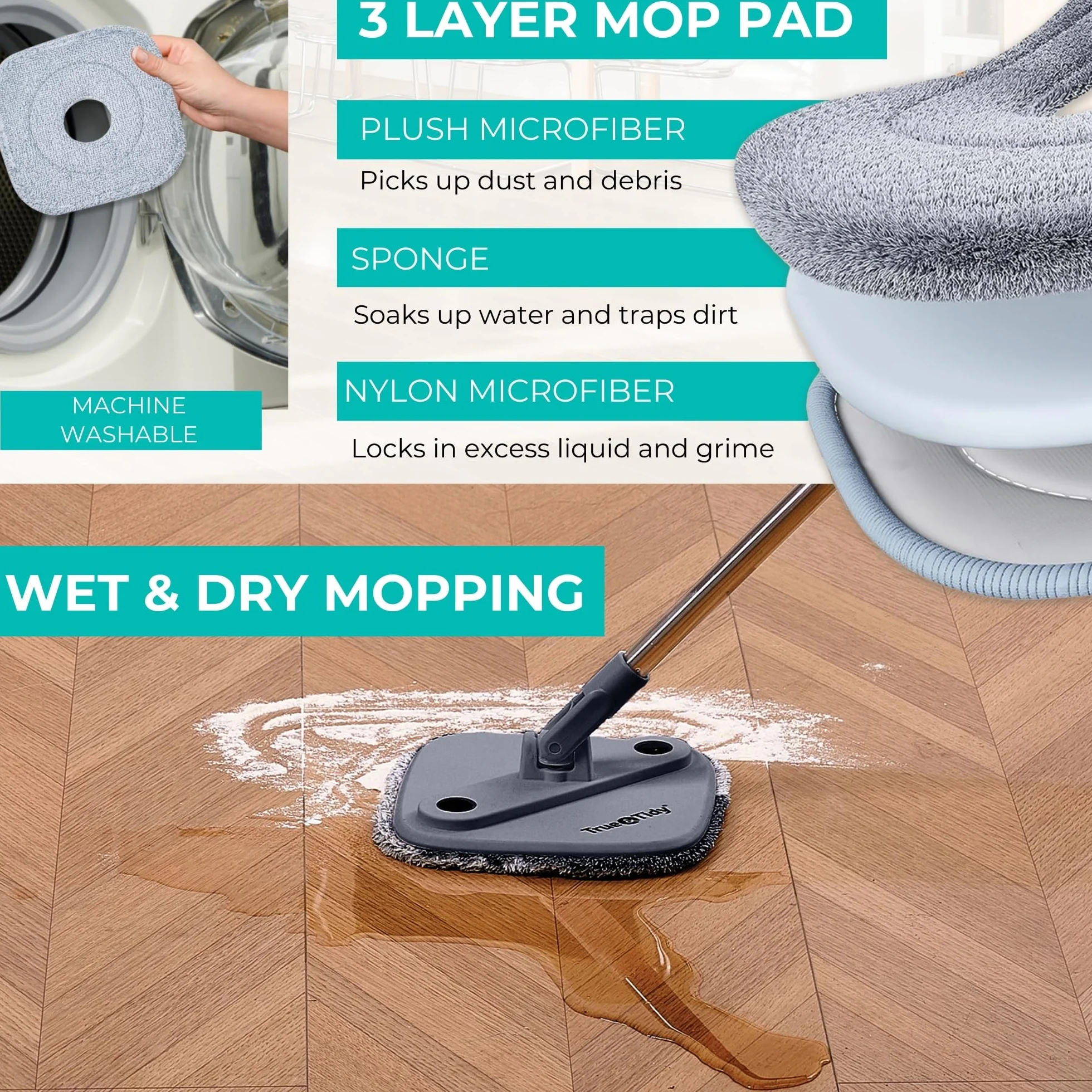 True & Tidy, True Clean Spin Mop i system wiadra, zawiera mop obrotowy, dwukomorowe wiadro do mopa i 2 grube zmywalne podkładki do mopa z mikrofibry, SPIN-800A, szary.