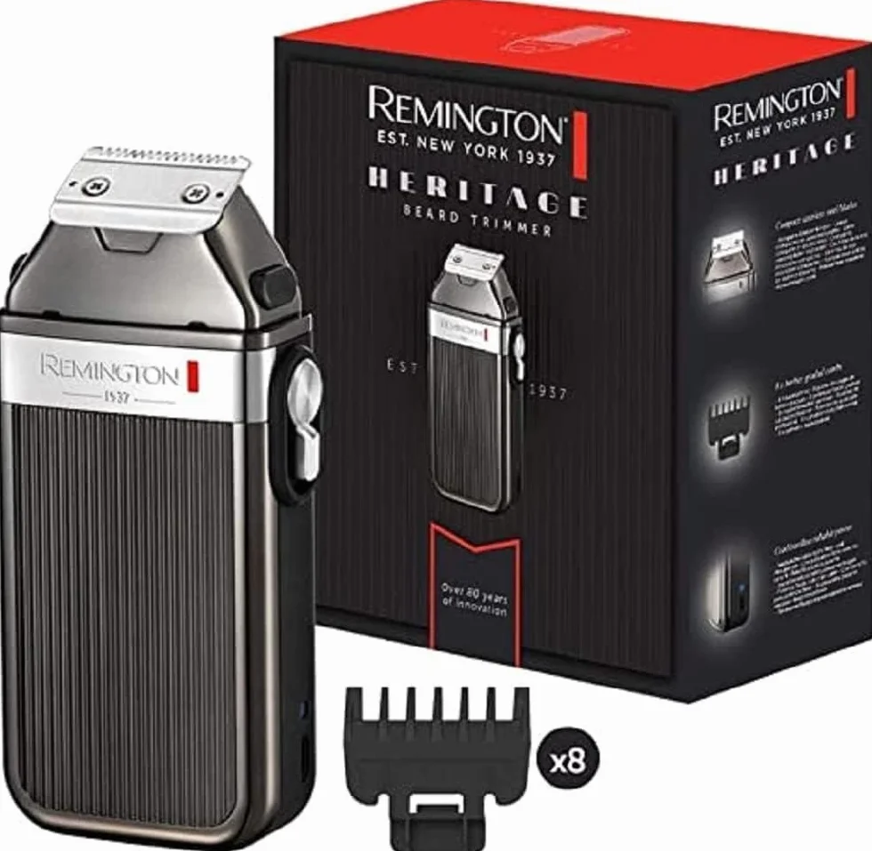 Remington, trymer do brody, ostrza ze stali nierdzewnej, 8 nakładek grzebieniowych 1.5-15mm, nakładka foliowa, grzebień z pokrętłem, bezprzewodowy, klasyczny, etui, srebrny, Heritage MB9100