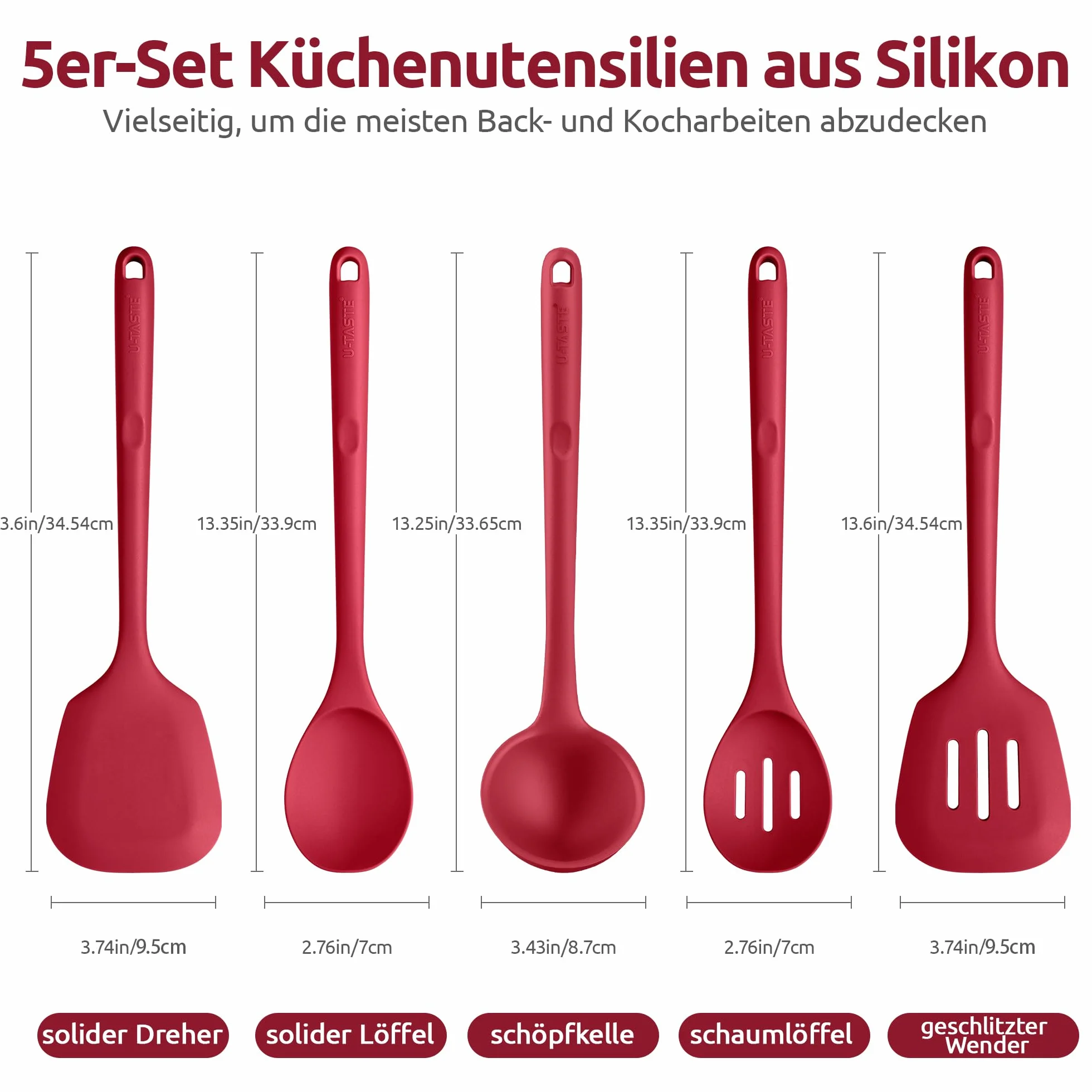 U-Taste Zestaw silikonowych przyborów kuchennych: Odporne na temperaturę 230°C długie przybory kuchenne niezawierające BPA nieprzywierające akcesoria kuchenne do mieszania (5 sztuk, Czerwony)