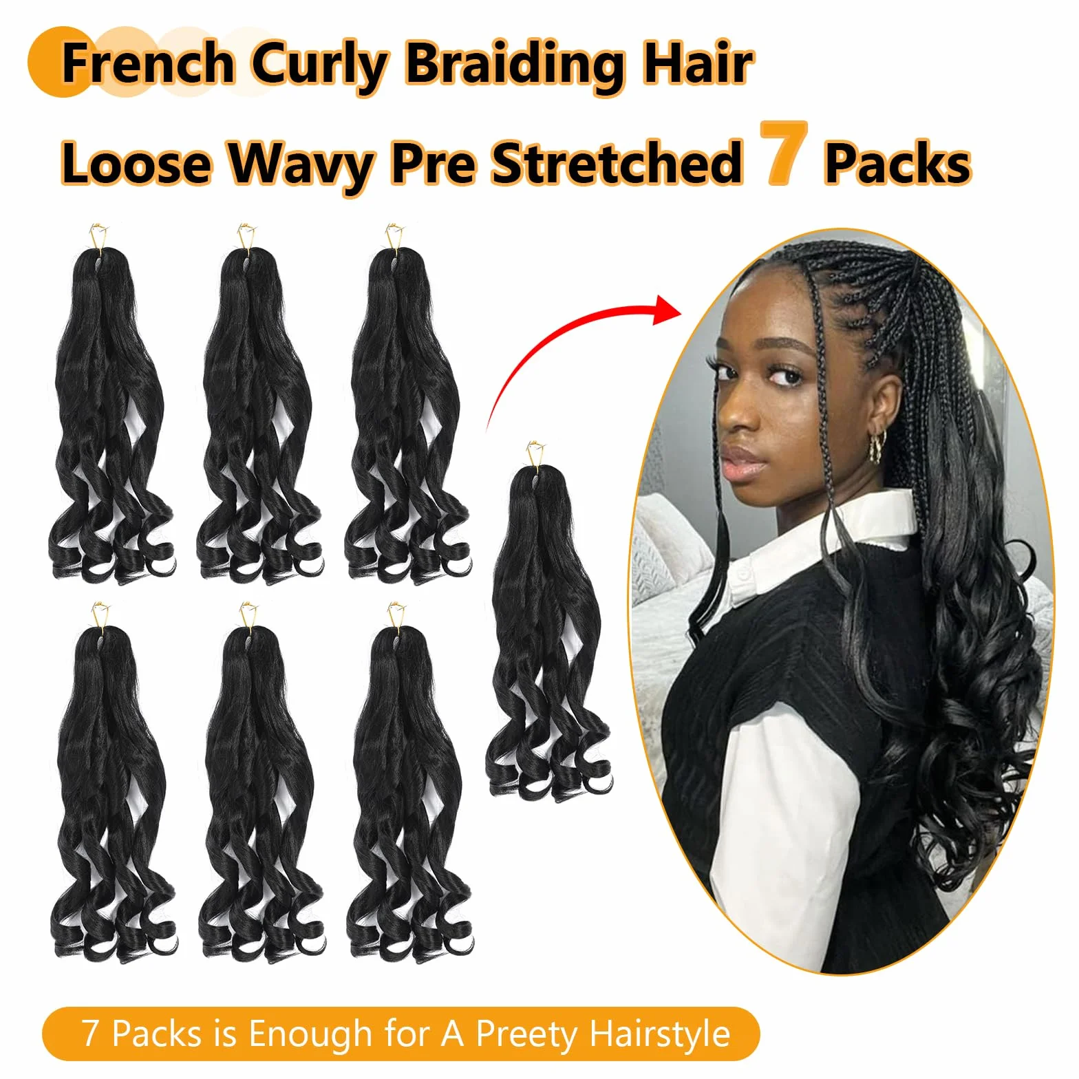 Francuskie Curl Braiding Hair Pre Stretched 16 Inch Braiding Hair 1B Luźne Wavy Pre Stretch Hair Braiding Hair for Black Women (16 cali (7 opakowań), 1B)