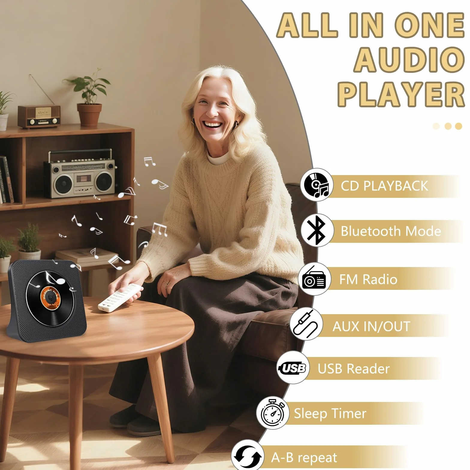 Biurkowy odtwarzacz CD z Bluetooth 5.0, odtwarzacz CD z wbudowanymi podwójnymi głośnikami stereo, przenośny odtwarzacz muzyka z radiem FM/Audio Boombox/AUX/USB
